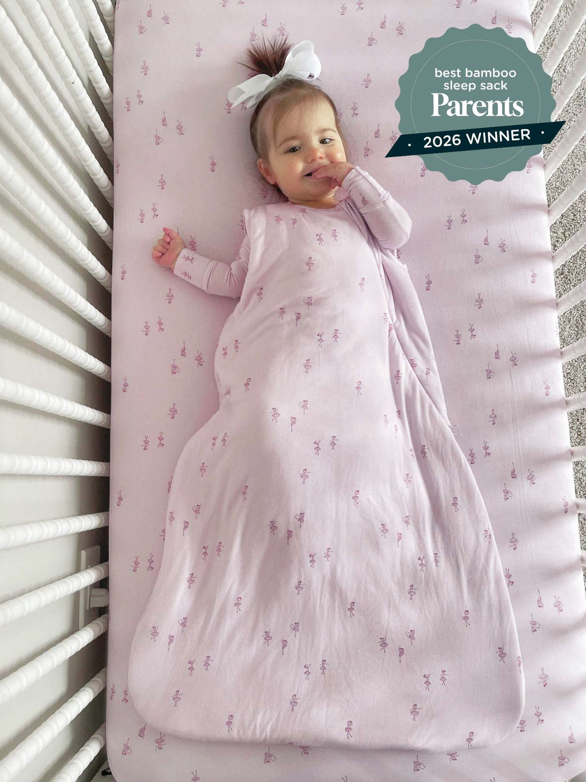Lilac-pink baby sleep sack with tiny print pattern, top bow detail, 1.0 TOG