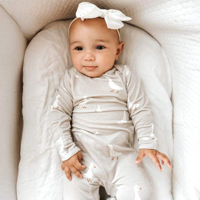 Light gray goose-print convertible pajama one-piece with long sleeves