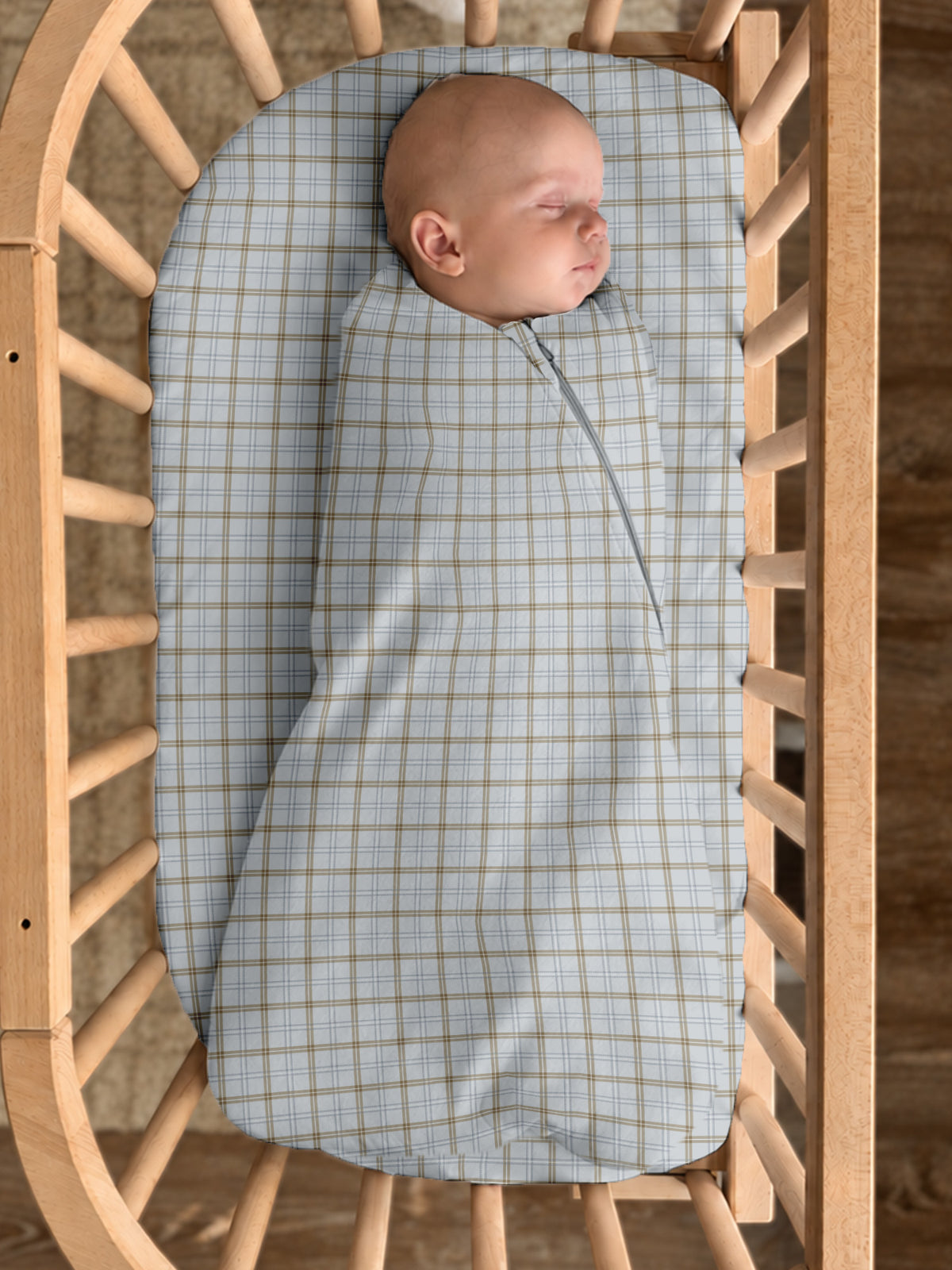 Plaid swaddle sleep sack, light blue-gray, with front zipper and 2.5 TOG rating