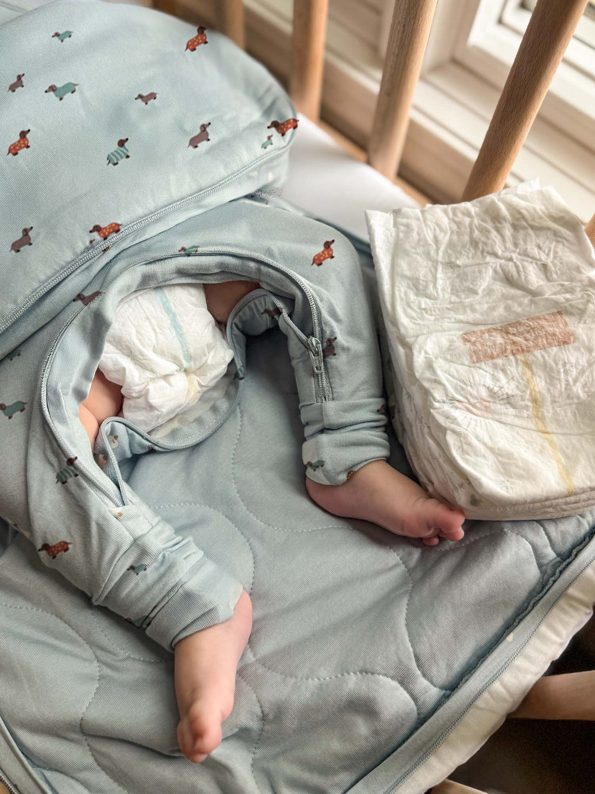 Baby sleep sack, light blue dachshund print, 1.0 TOG, zip opening and legs out