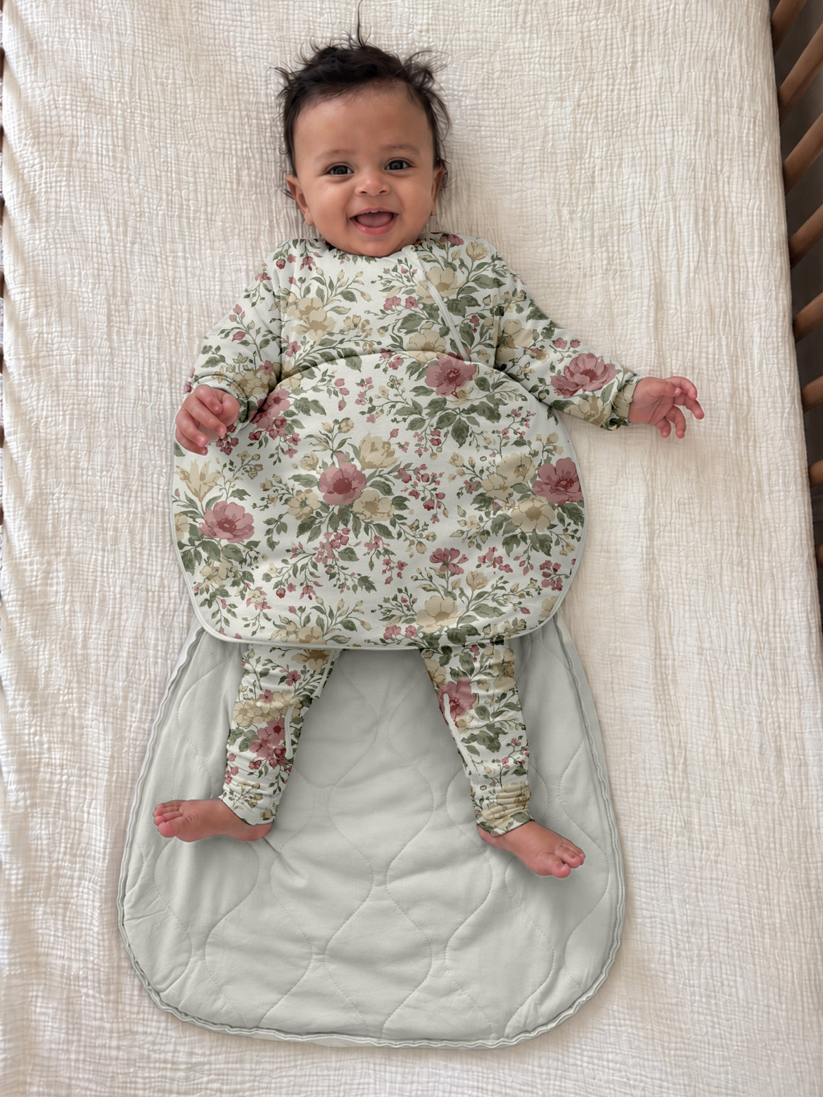Long-sleeve transitional swaddle sack, floral print with leg openings and bottom fold-over