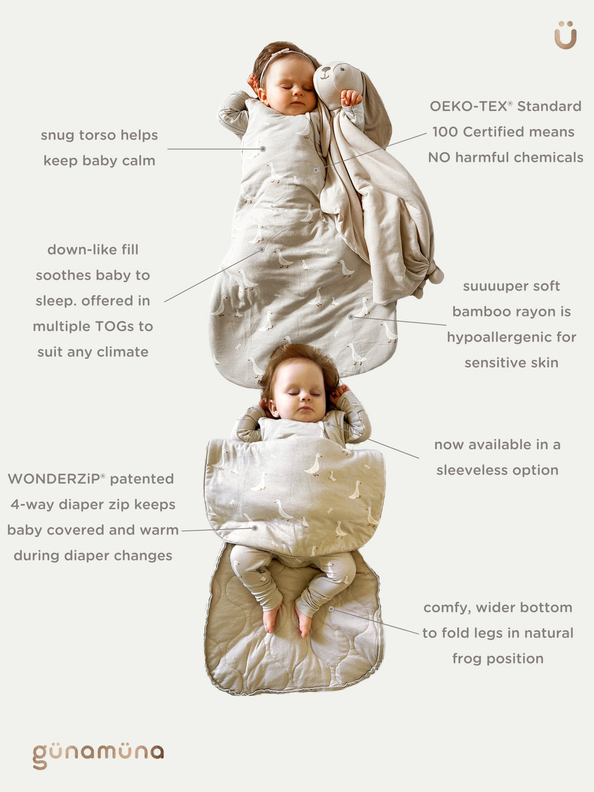 Cream floral swaddle sleep sack shown in multiple styles, quilted zip-wrap design
