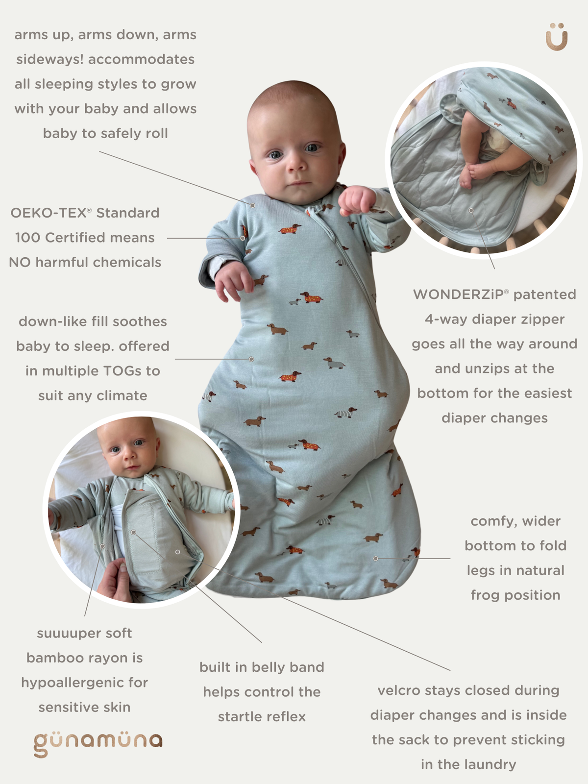 Long-sleeve swaddle sleep sack in light blue with goose print, wider bottom design