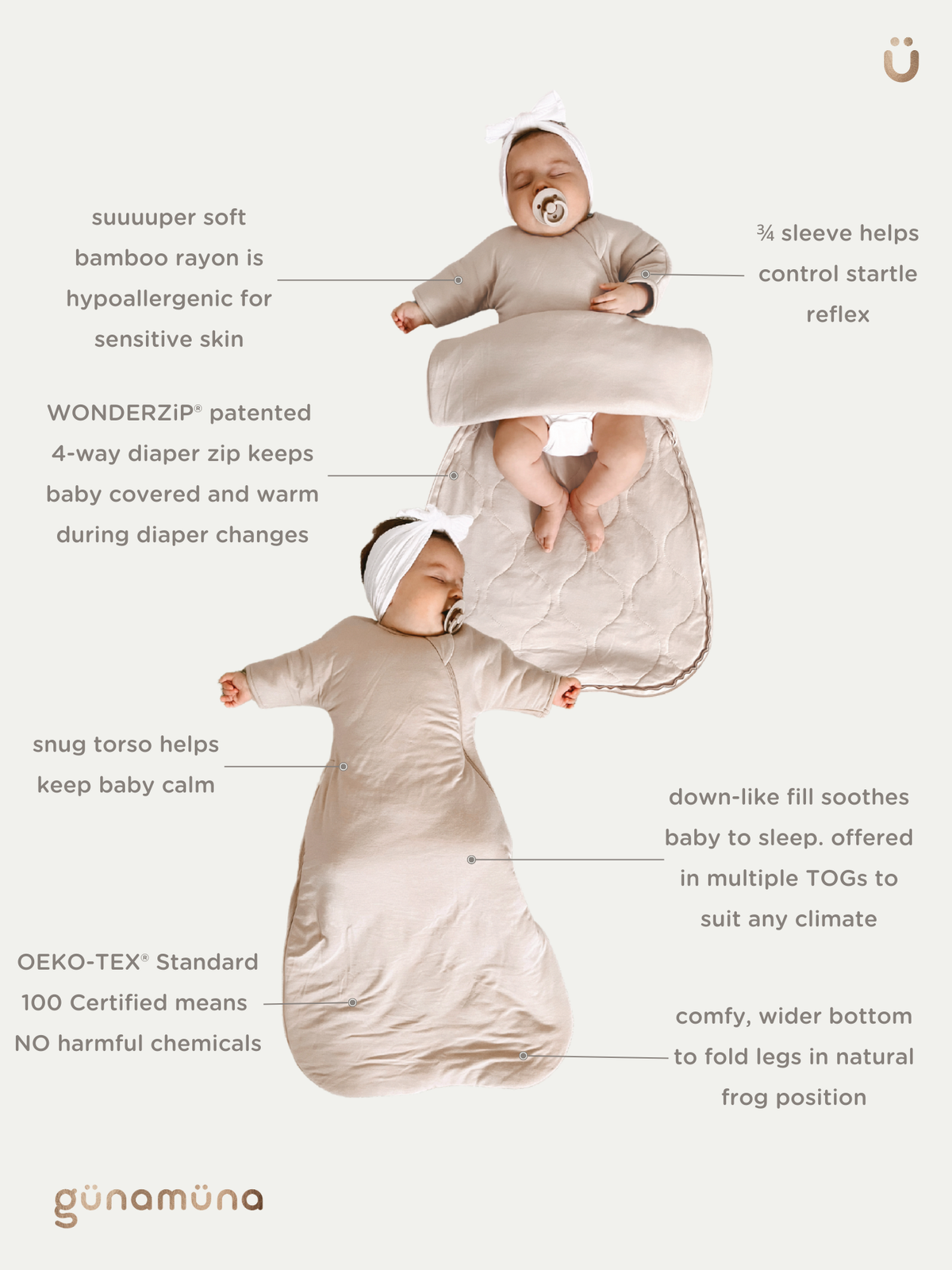 Long-sleeve transitional swaddle sack with white goose print, padded arms and covered legs