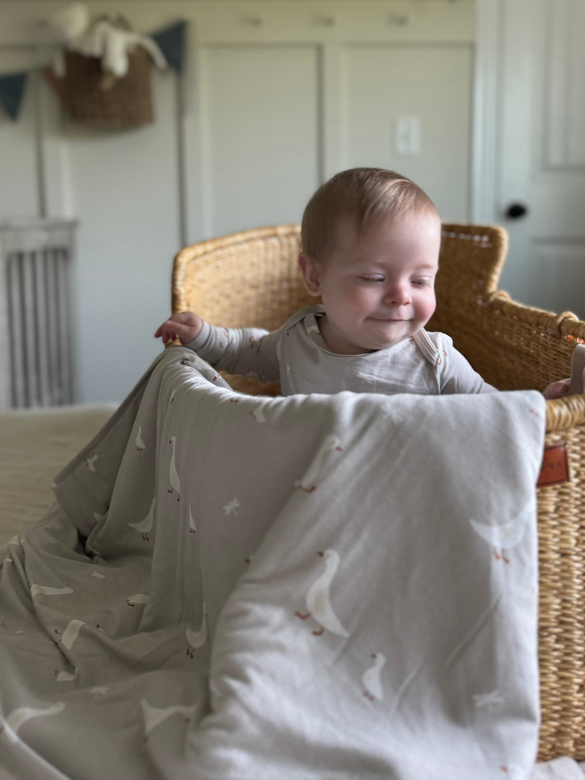 Goose-pattern cloud blanket draped over seated baby, light gray with white birds