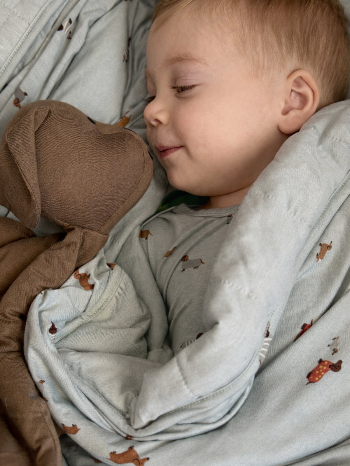 Baby cuddling plush peanut dog lovey; stitched face and ears visible.