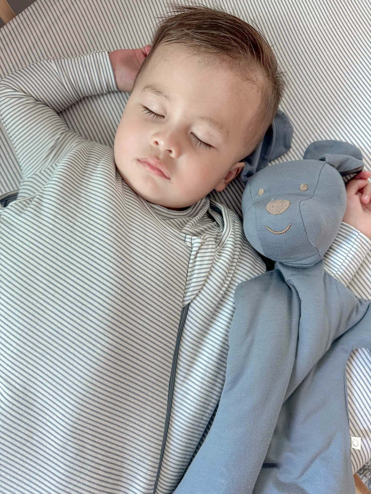 Blue sleep sack with long sleeves, zipper front, and soft hooded head area