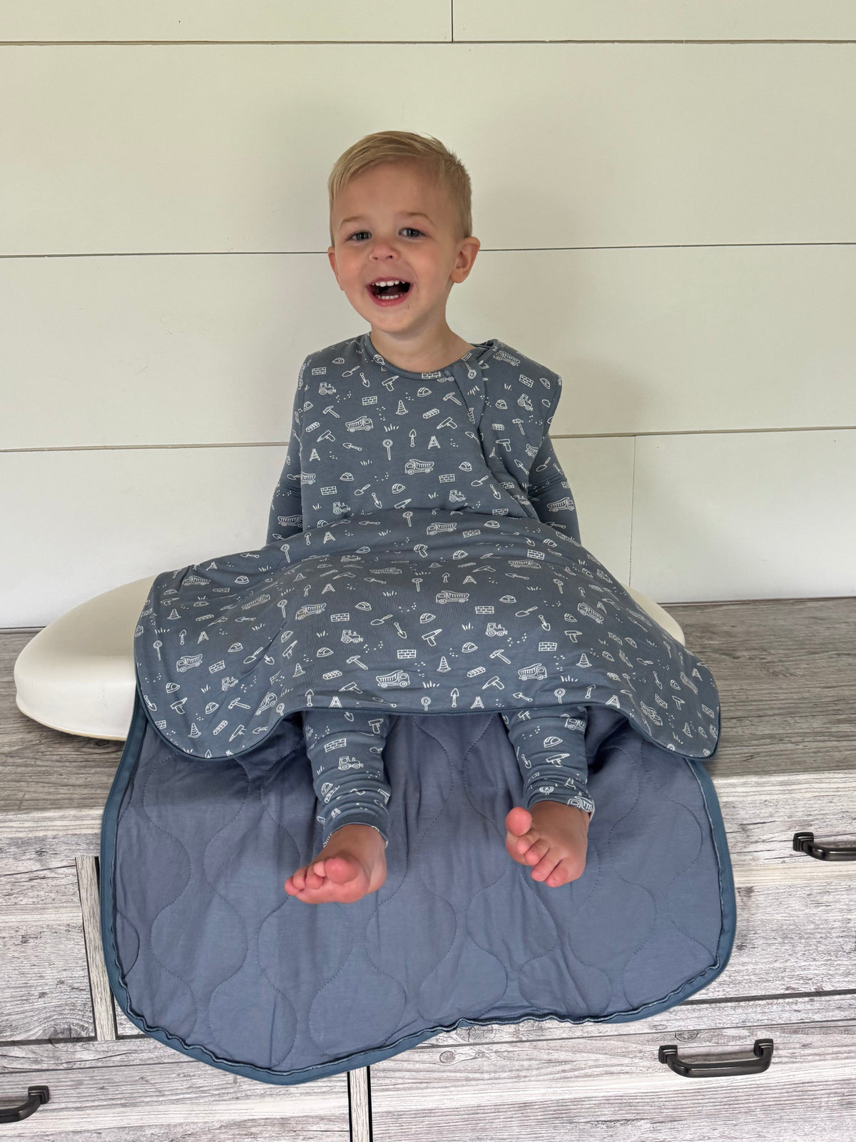 Blue construction print sleep sack, 1.0 TOG, long sleeves with open foot area