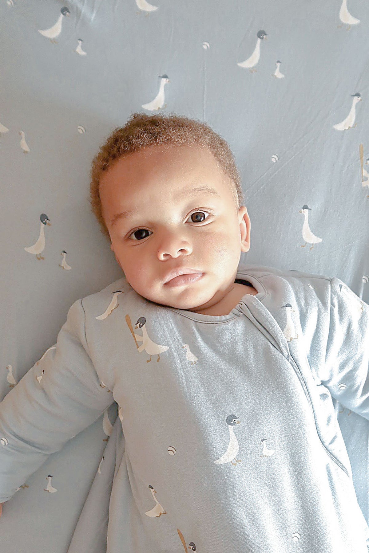 Light blue long-sleeve sleep sack with small goose print, baby wearing
