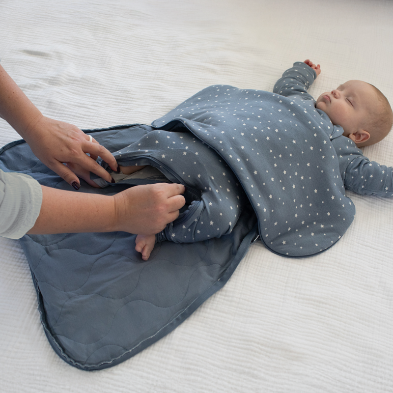 Gray star-pattern long sleeve sleep sack with open bottom flap
