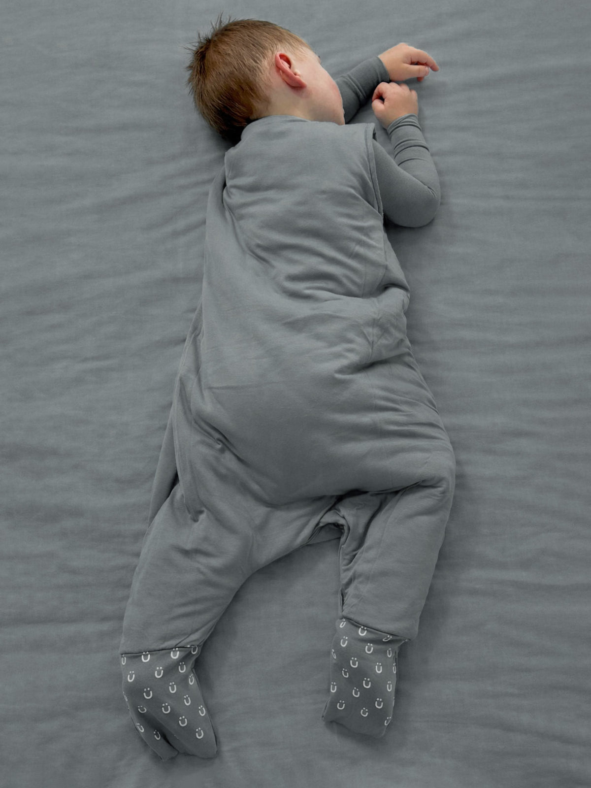 Gray footed sleep sack with covered hands and elastic foot cuffs