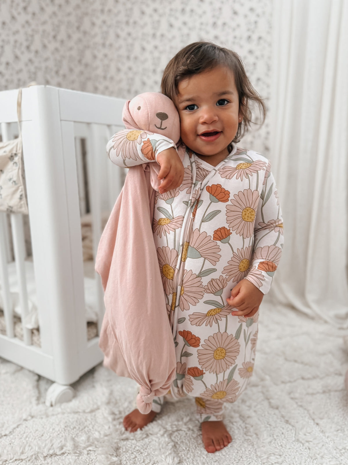 Floral footie sleep sack with zipper, long sleeves, cream with multicolor flowers