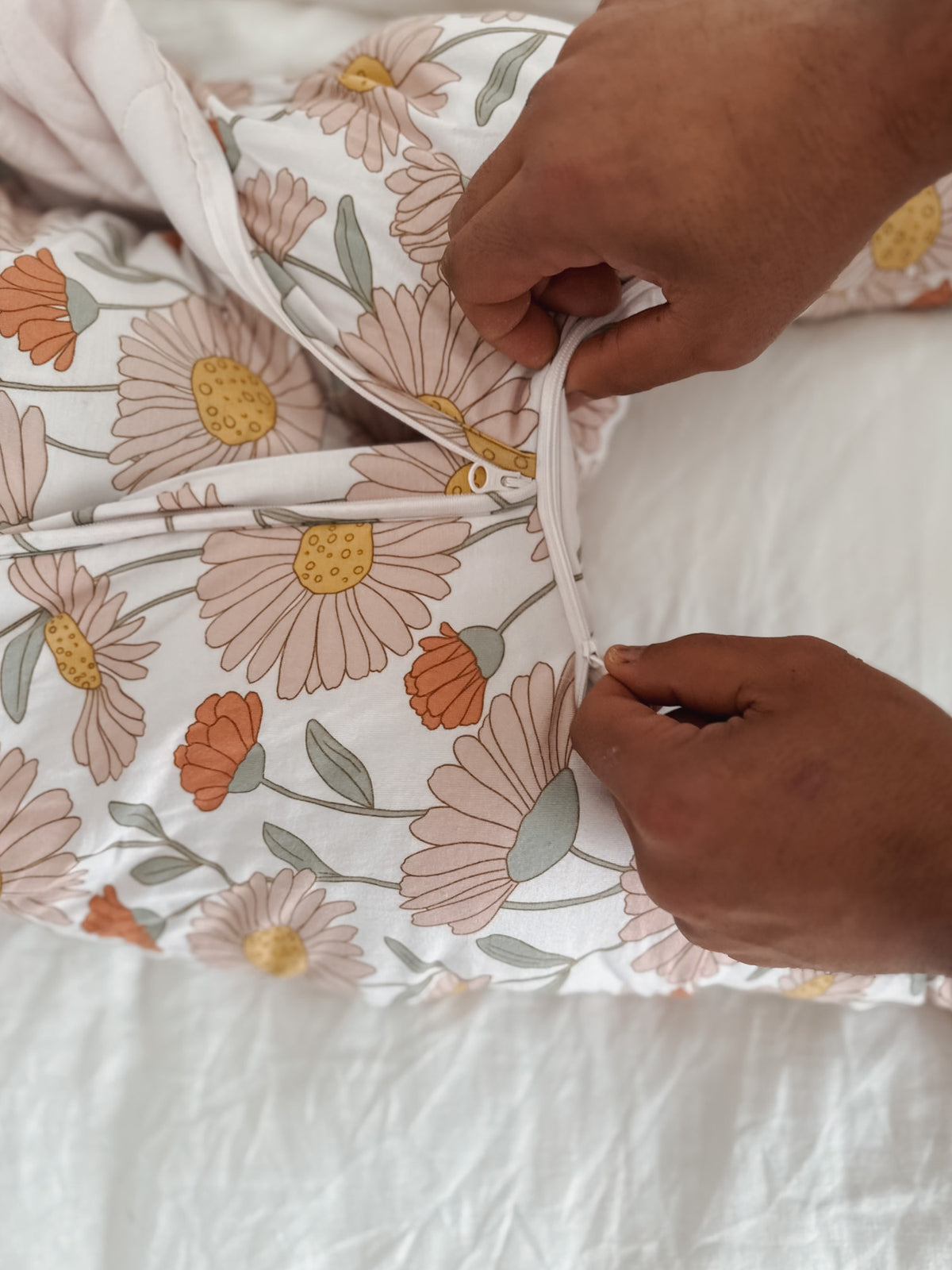 Floral footie sleep sack with front zip, light cream base, 0.5 TOG