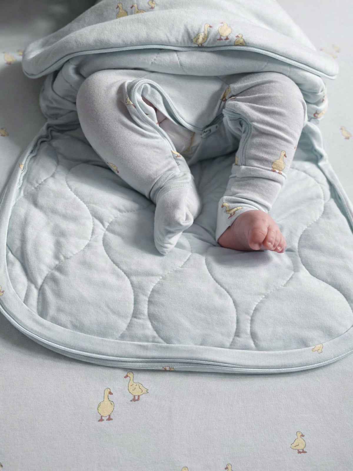 0.5 TOG swaddle sleep sack with duck print, quilted panel and zipper track, gray
