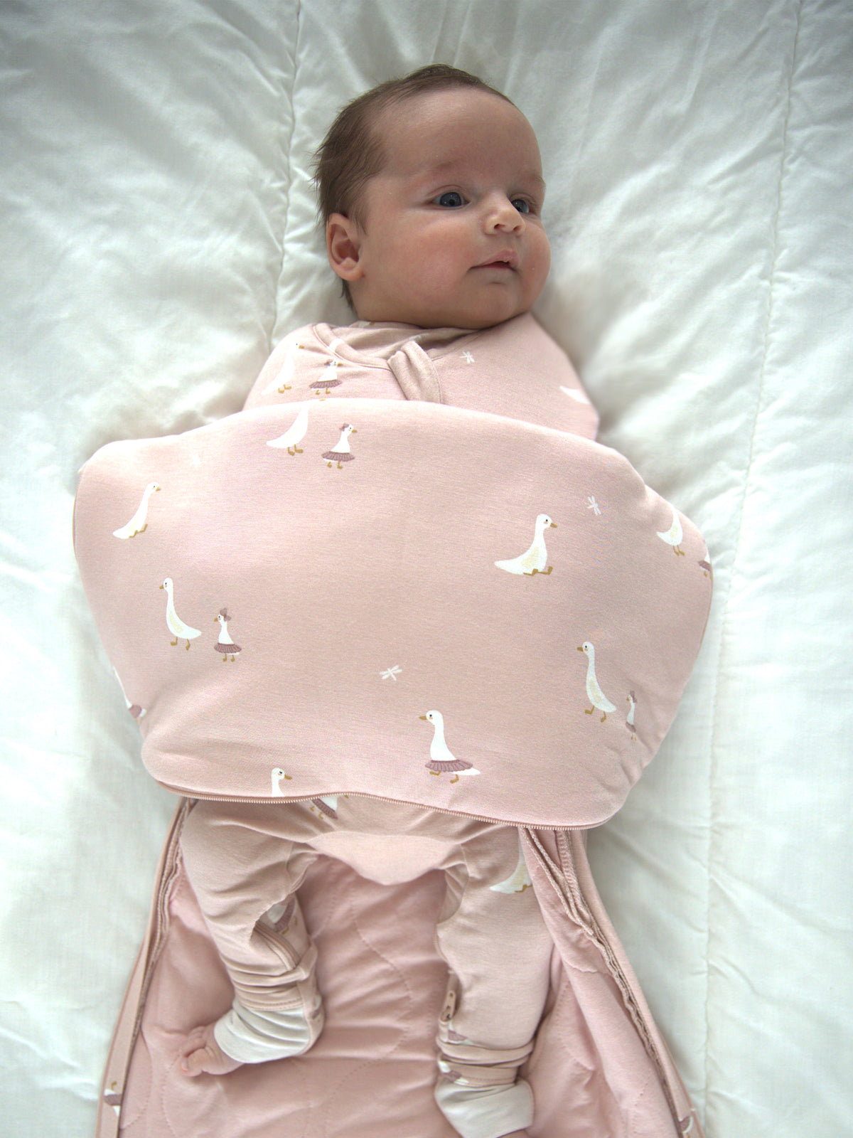 Pink goose-print swaddle sleep sack with front zipper; baby lying inside