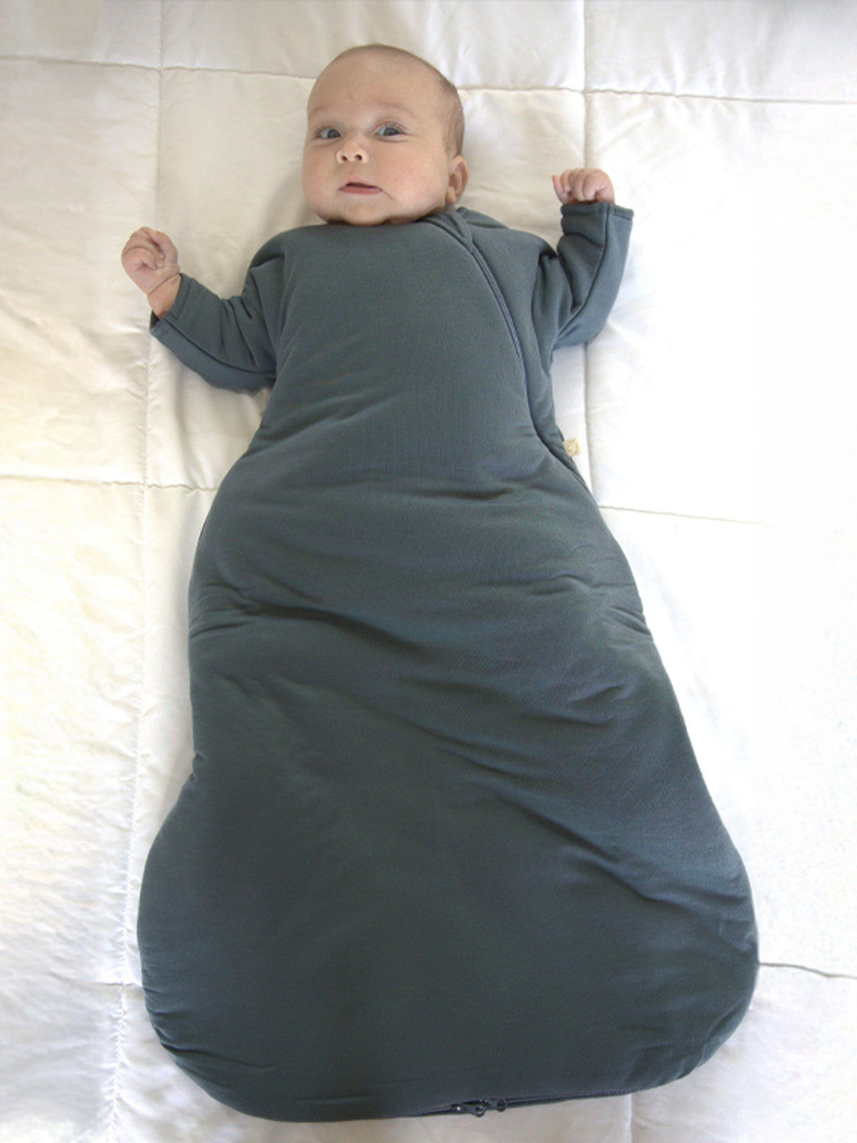 Long-sleeve swaddle sack, dark teal cocoon style with zip bottom
