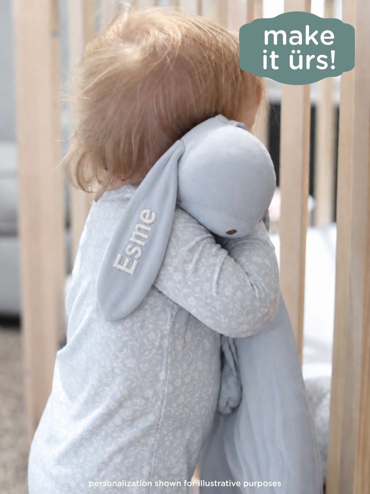Plush bunny lovey with light blue patterned blanket and embroidered "Esme"