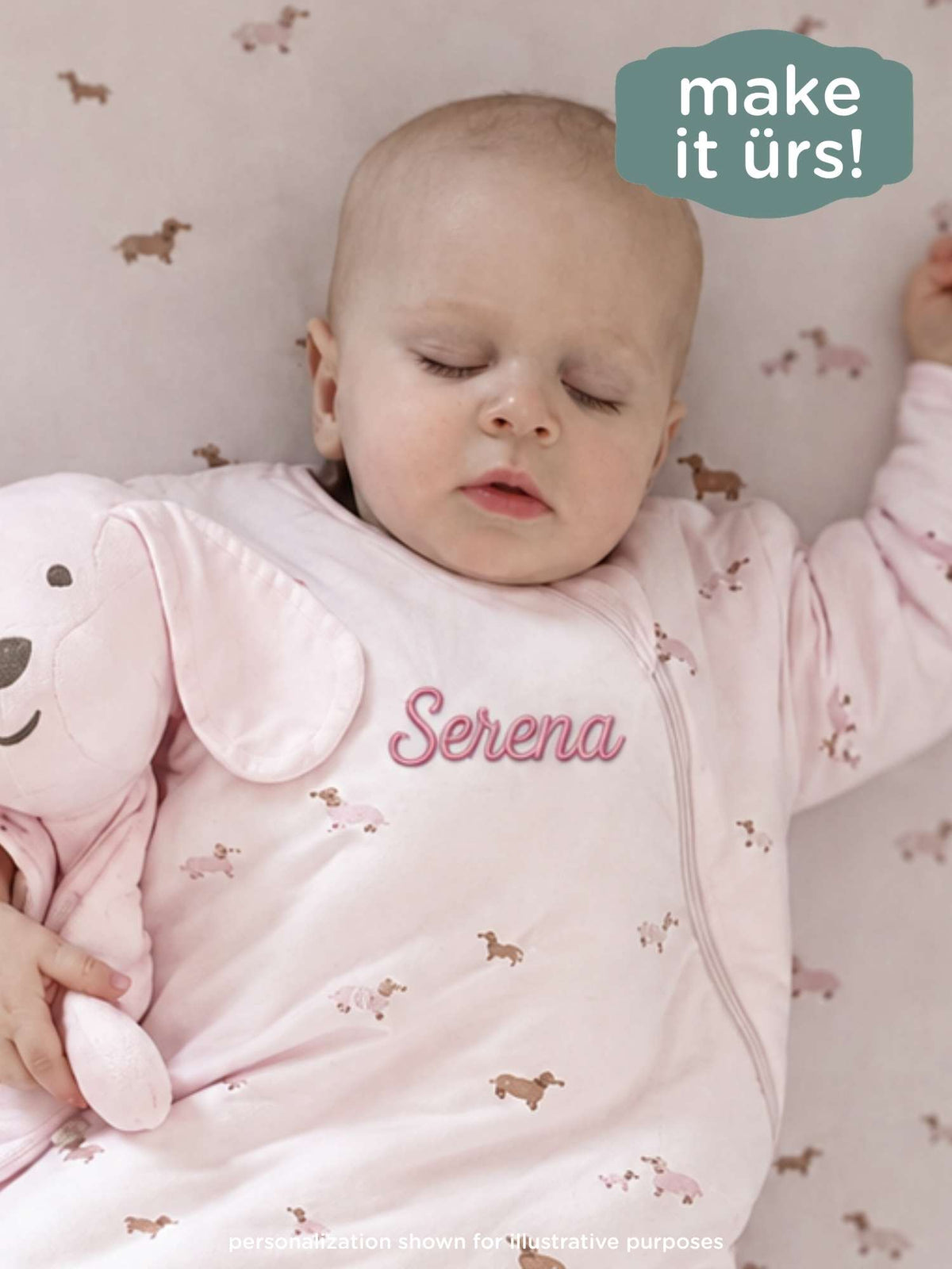 Girls long sleeve sleep sack, pink dog print with 'Serena' on chest and front zipper.