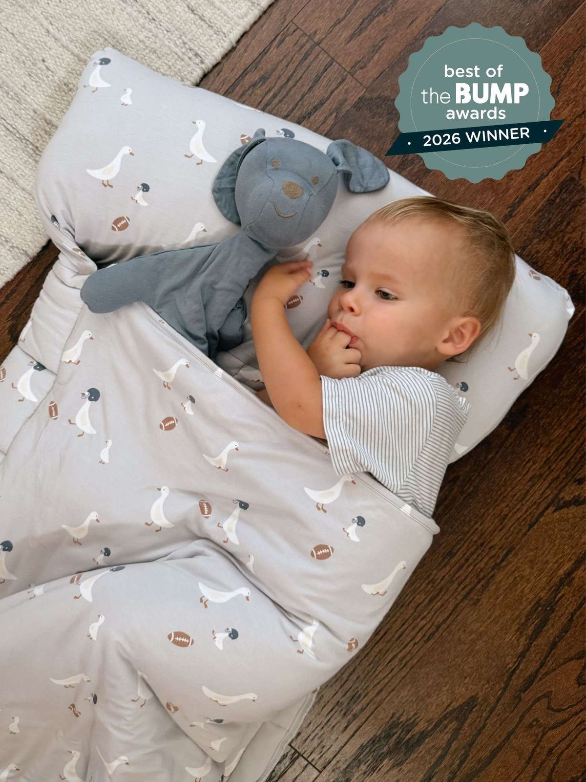 Gray baby nap mat with goose and football pattern plus plush goose pillow