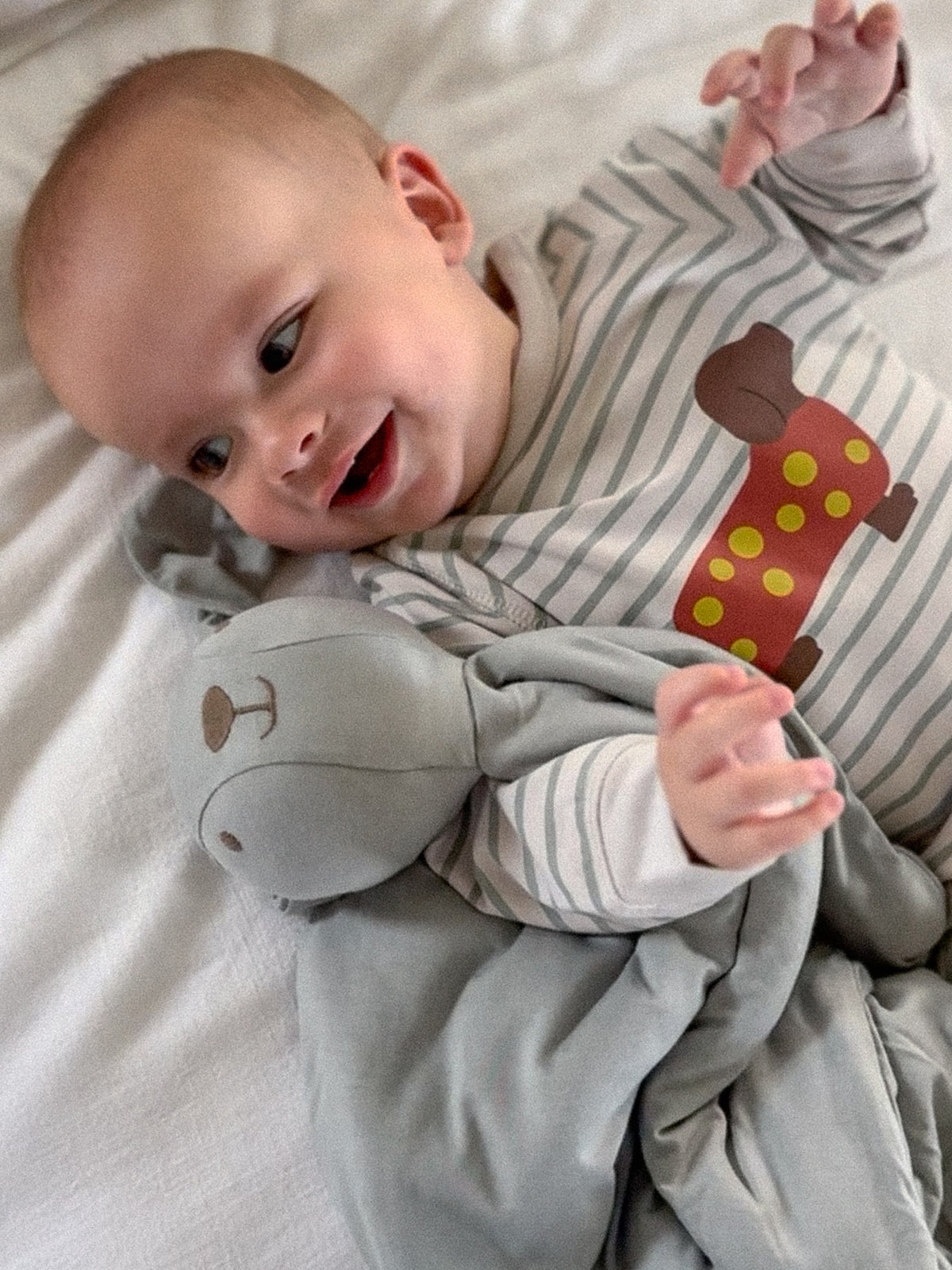Gray-and-white striped fleece jumpsuit with dachshund graphic; long sleeves and cuffs