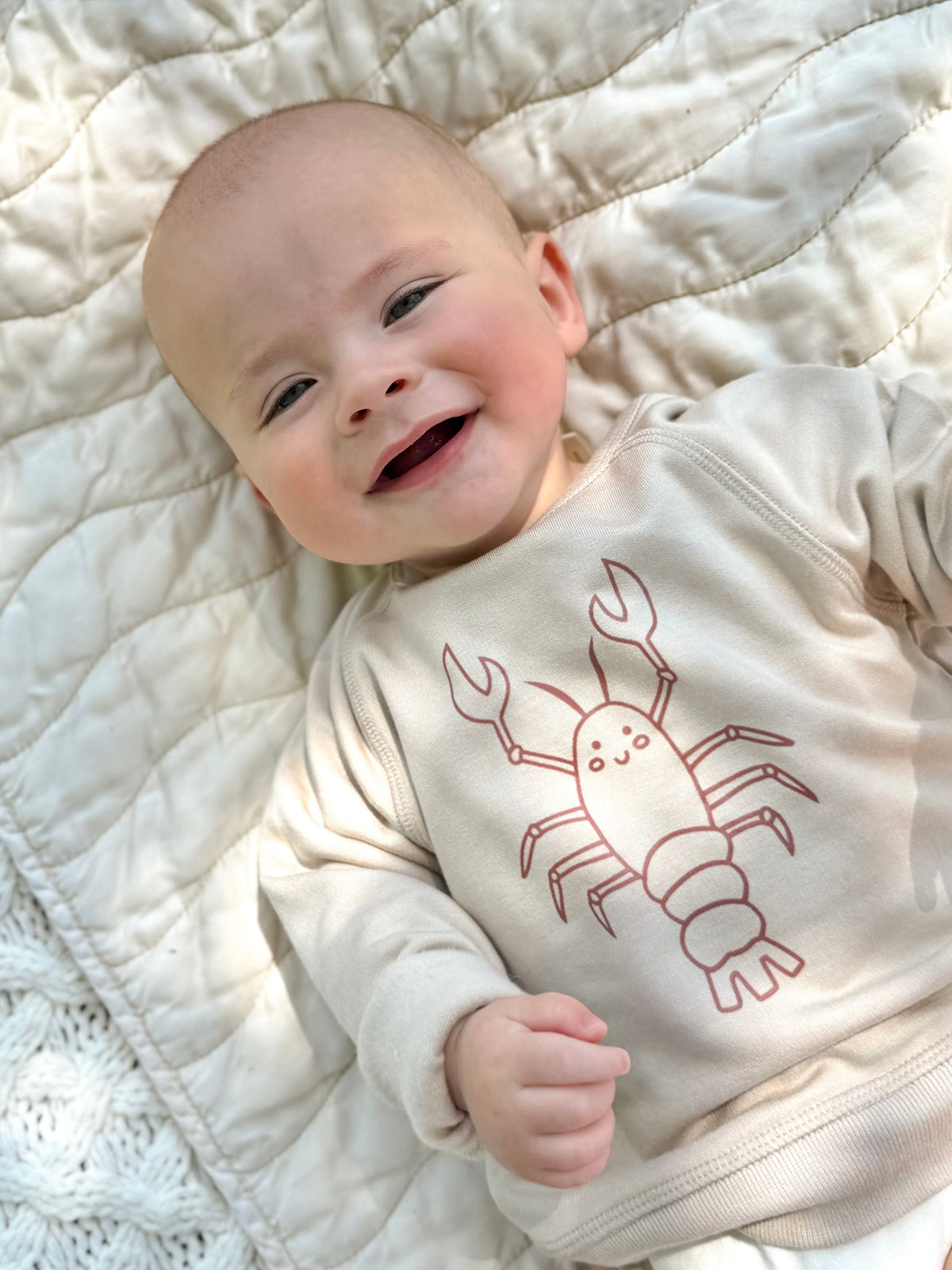 Beige baby crewneck sweatshirt with rust lobster graphic, close-up
