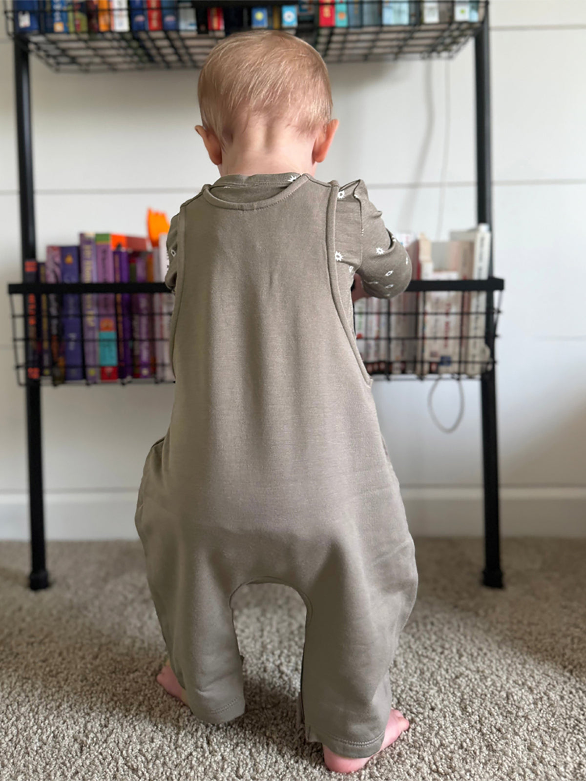 Taupe fleece overall romper, back view with long sleeves