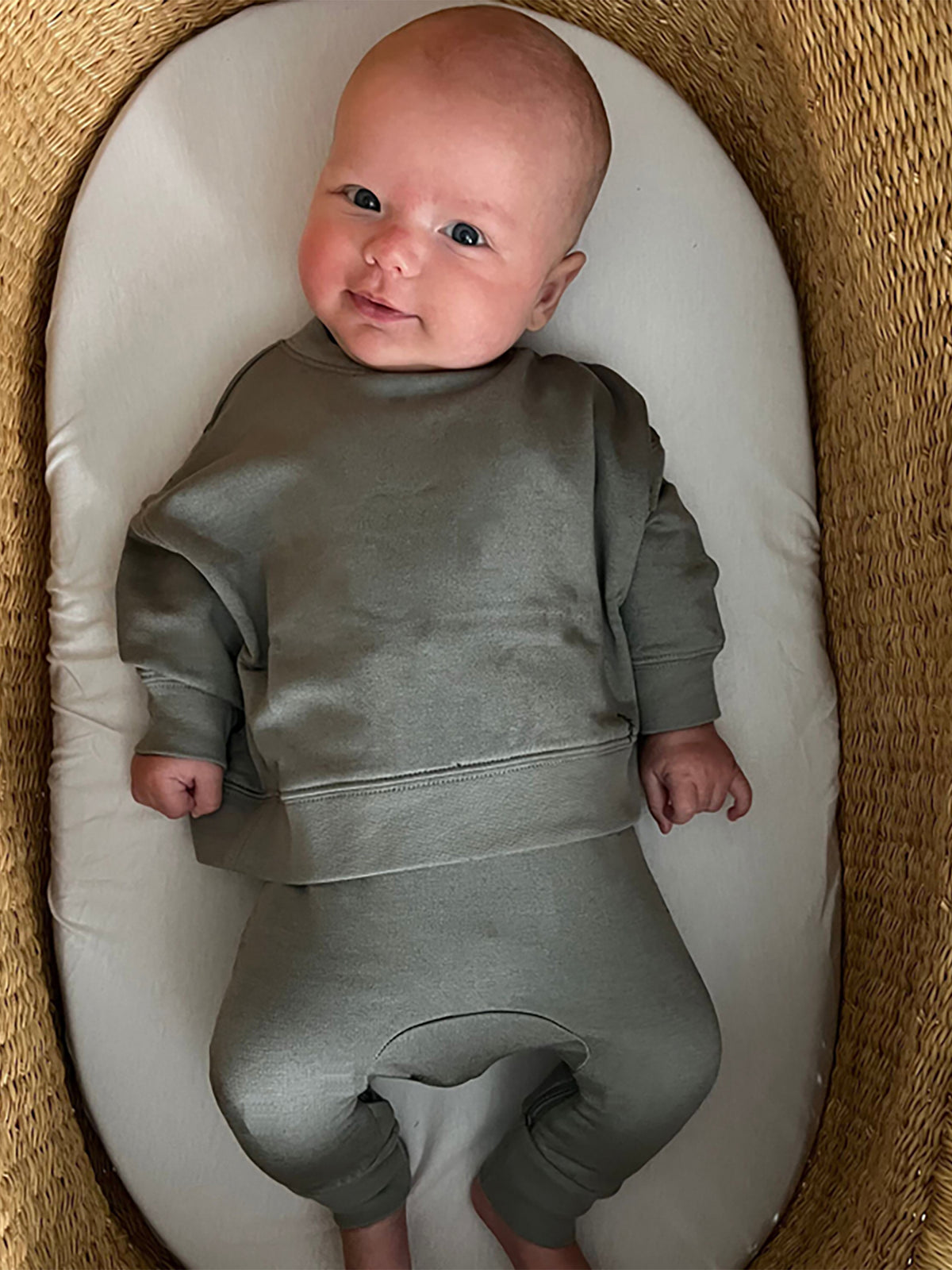 Sage fleece two-piece sweatsuit set with crew sweatshirt and jogger pants