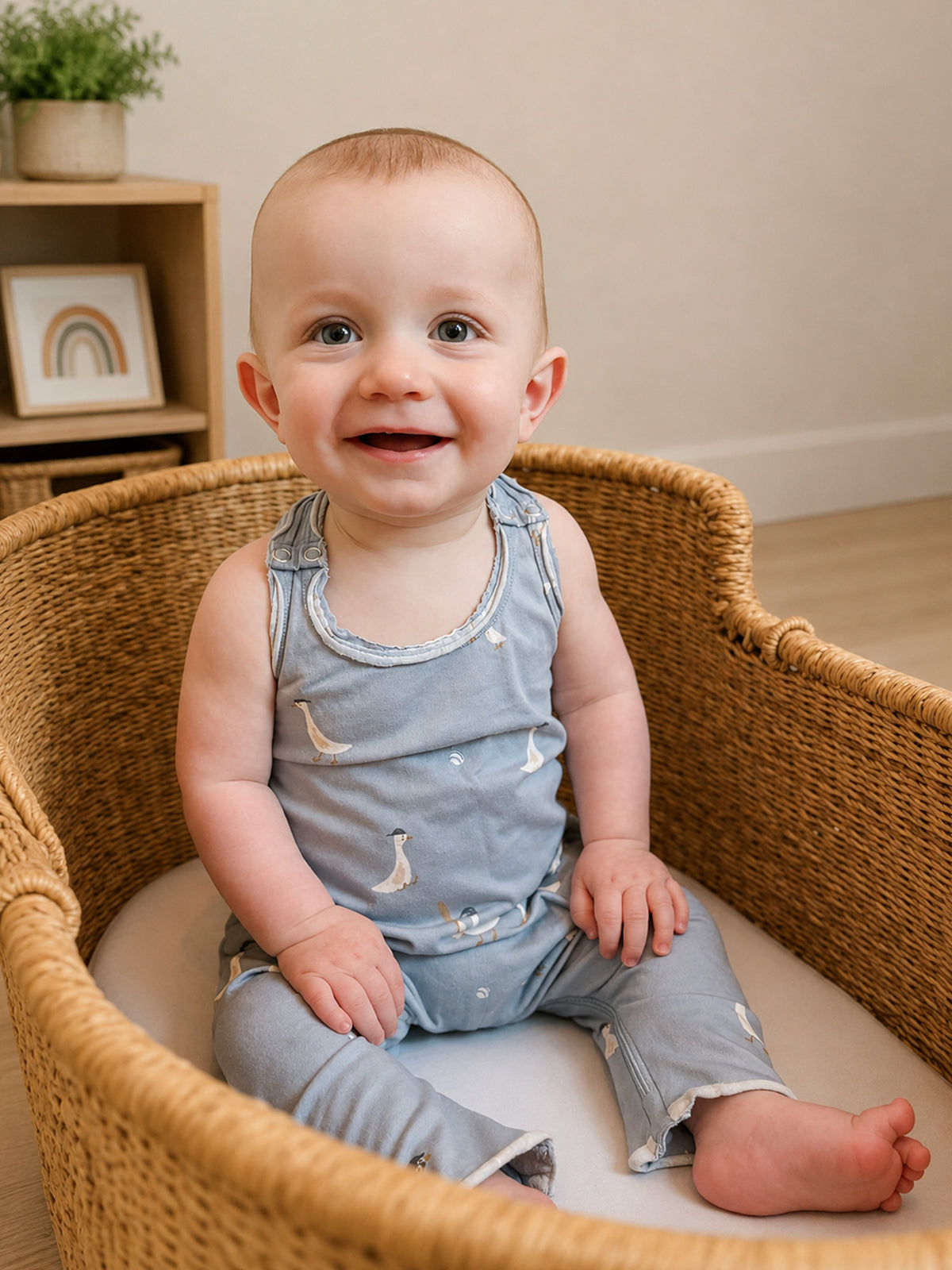 Light gray goose-print tank romper with relaxed fit and overalls style