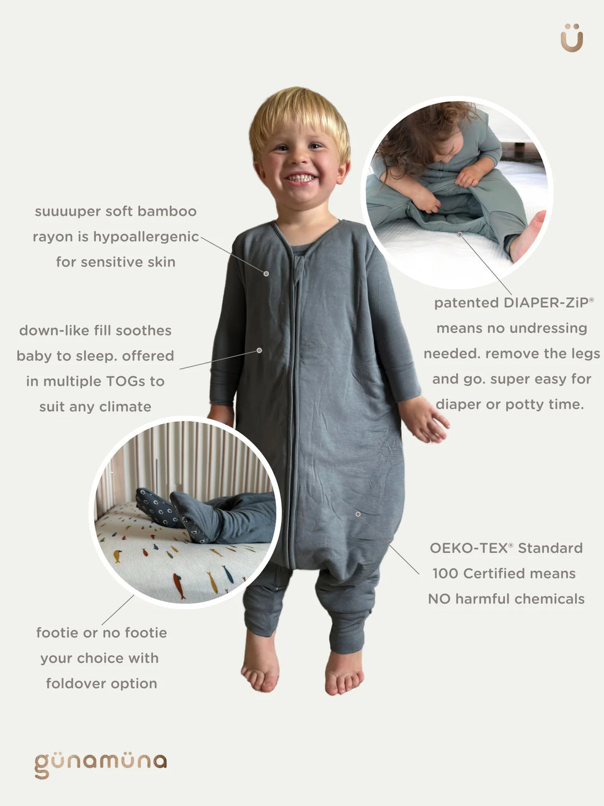 Grey long-sleeve sleep sack on boy, plus product info graphic