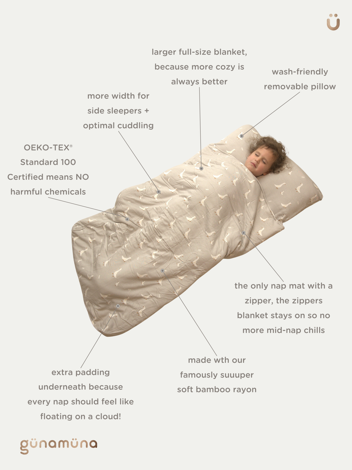 Goose-pattern nap mat laid open with white geese print on light gray padded fabric