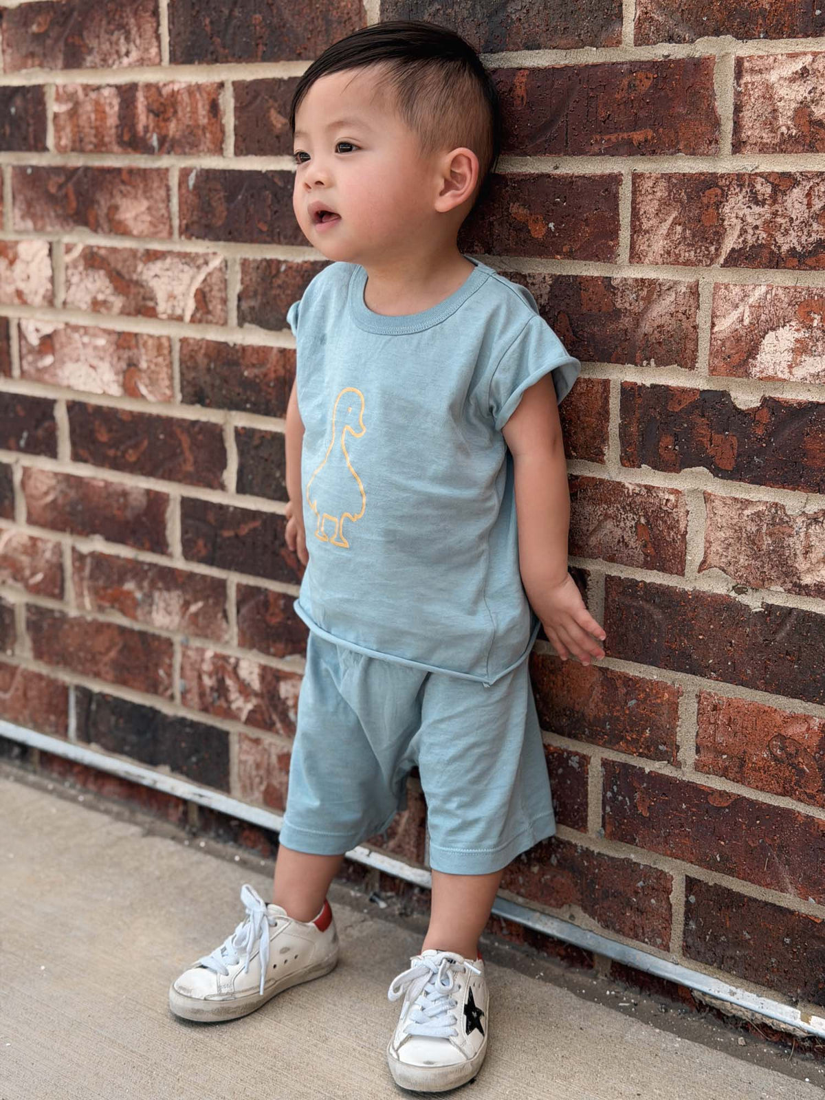 Kids' Quack light blue T-shirt and shorts set with duck graphic, matching shorts