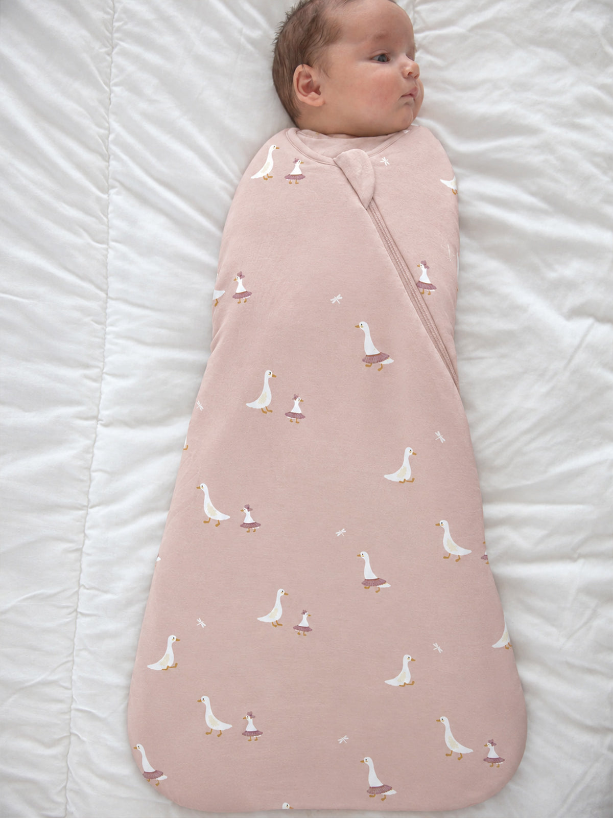 Pink goose-print swaddle sleep sack with front zipper, 0.5 TOG