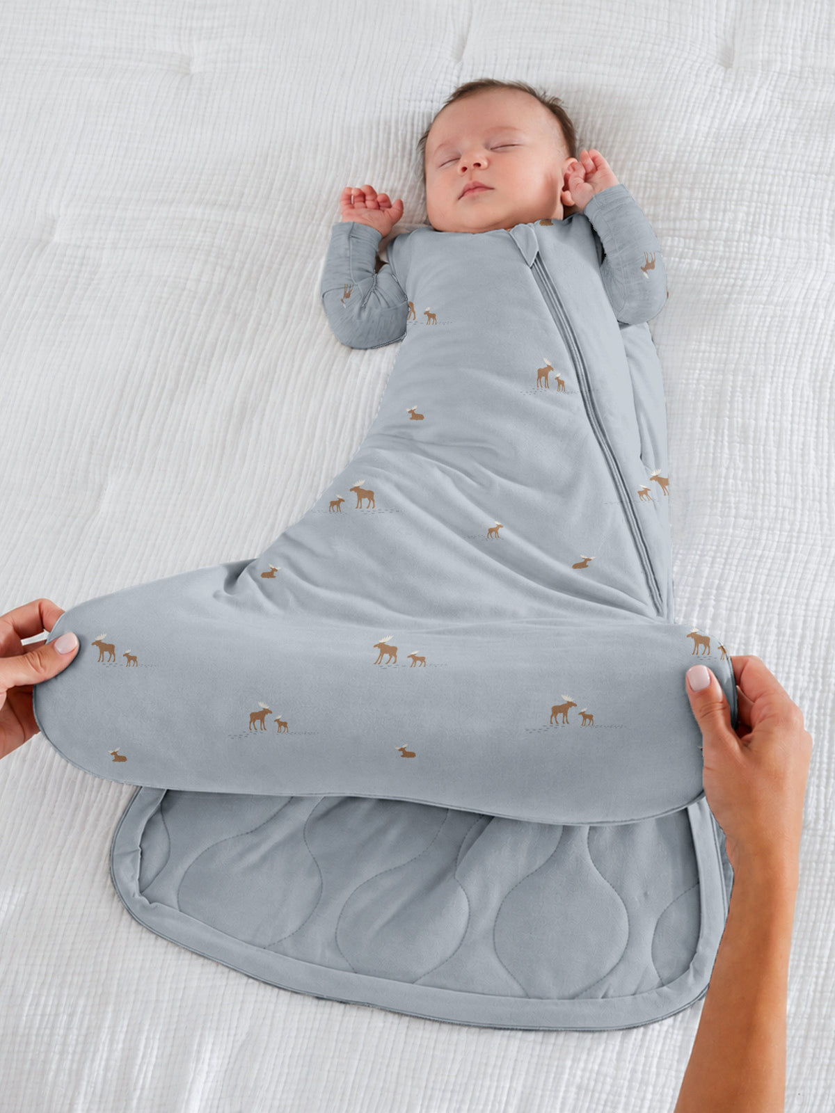 2.5 TOG swaddle sleep sack, light gray with moose print and open bottom fold