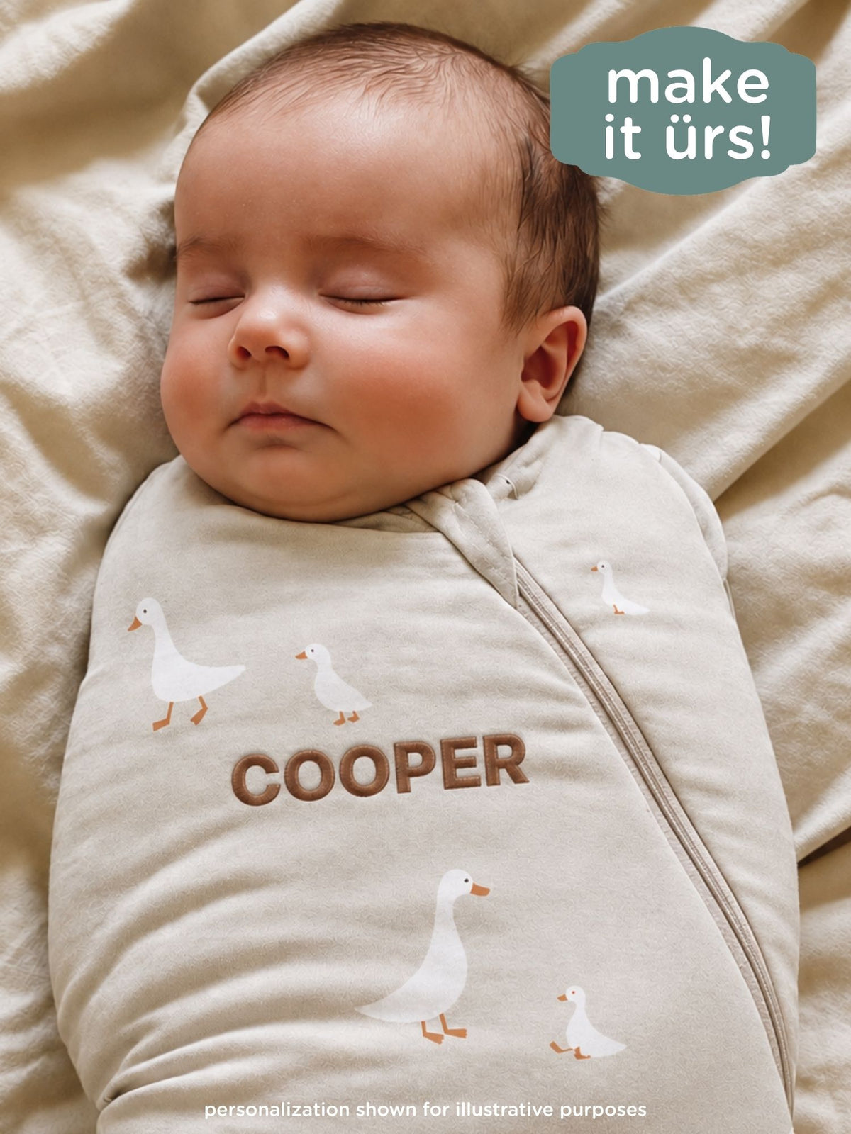 Personalized 2.5 TOG swaddle sleep sack with goose print, name COOPER