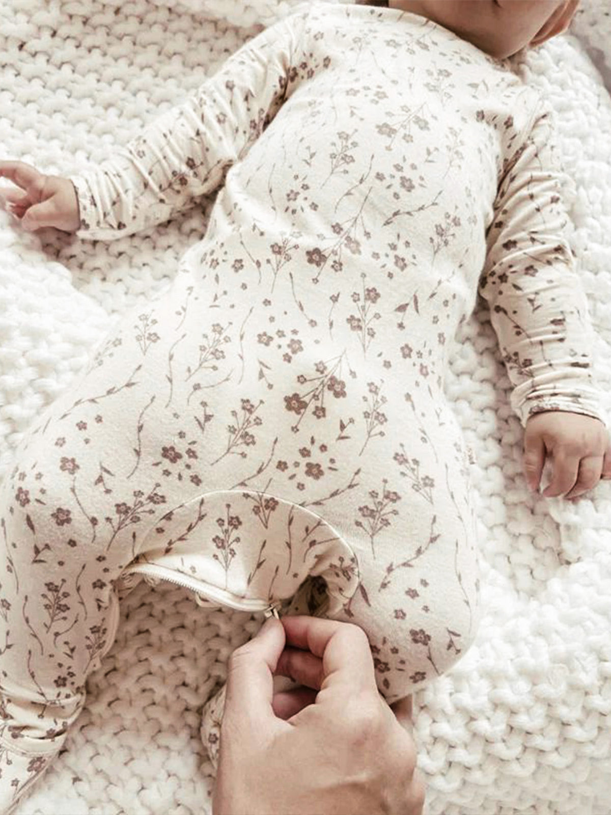 Beige floral convertible pajama with ankle opening and long sleeves