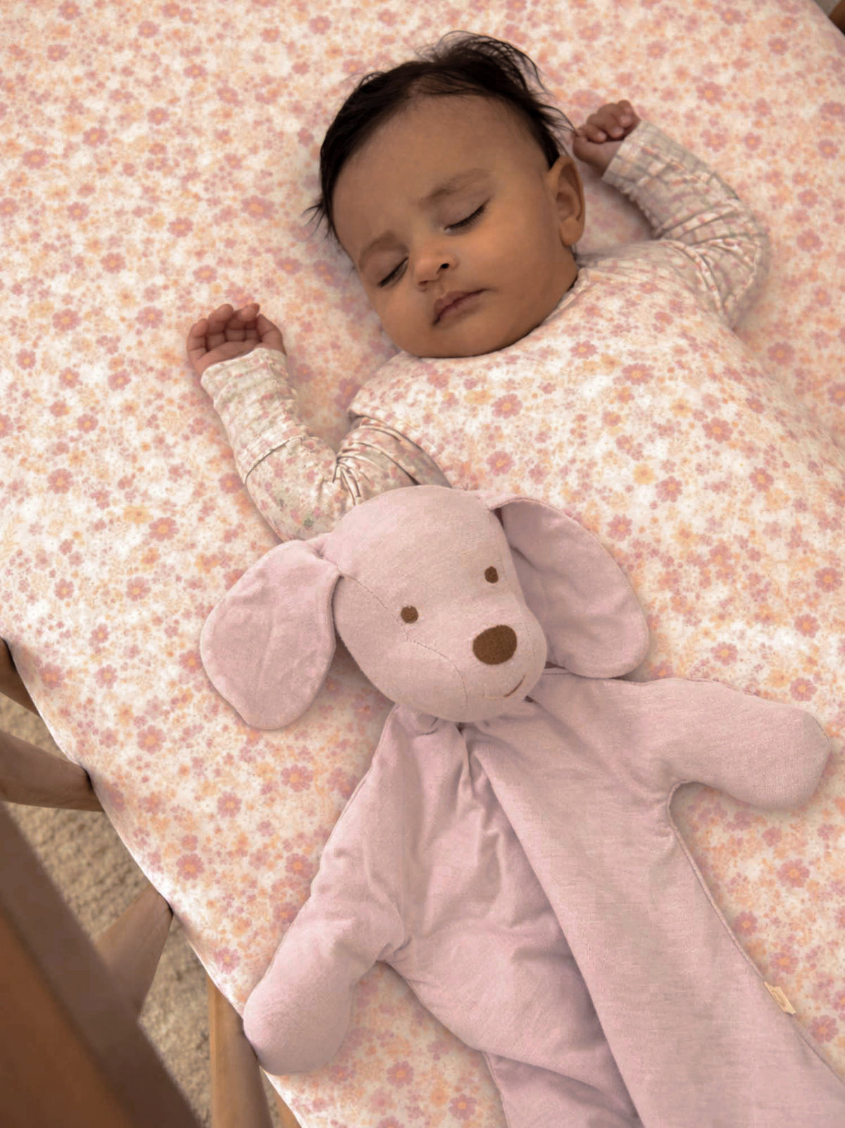 Floral swaddle sleep sack with attached plush bunny comforter, long sleeves