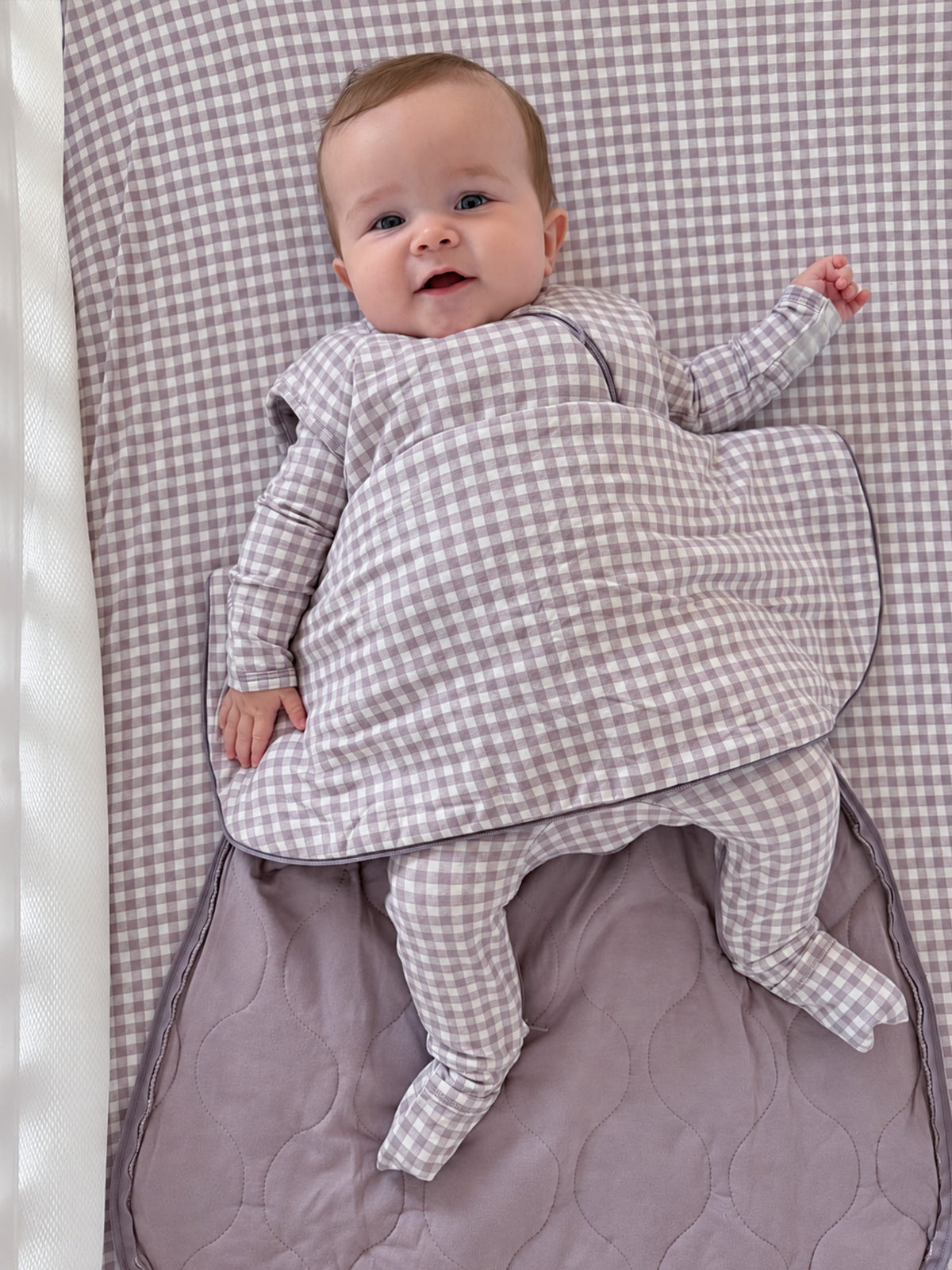 Baby sleep sack, gray-and-white gingham with long sleeves and bottom zip opening, 2.5 TOG