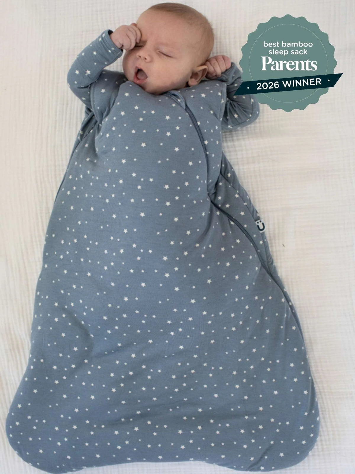 2.5 TOG sleep sack, blue with white star dots, full-length zipper opening