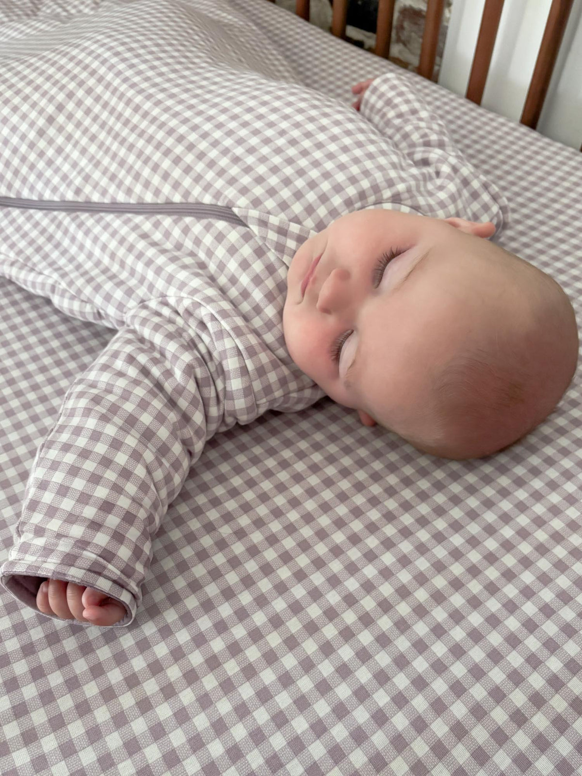 Gingham long-sleeve sleep sack, 1.0 TOG, full-body with arm openings
