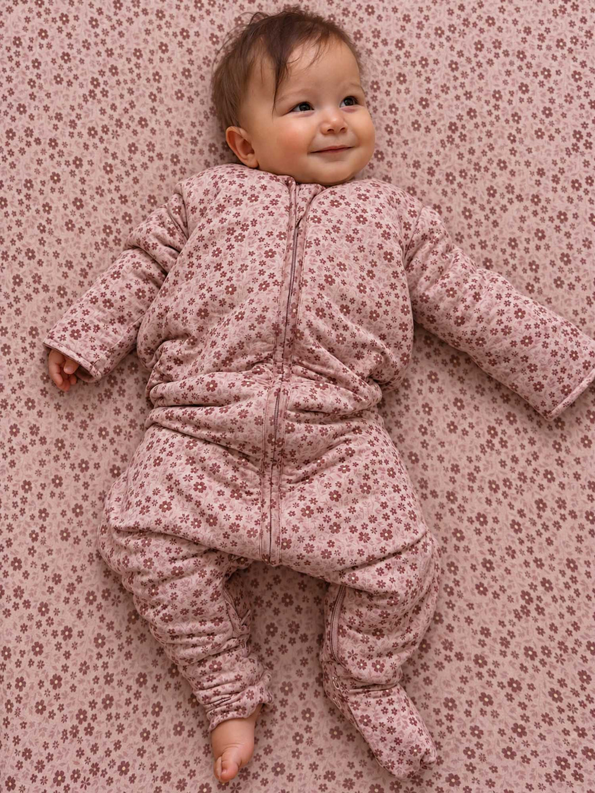 Floral long-sleeve footie sleep sack with front zipper, petal pink pattern, all-in-one