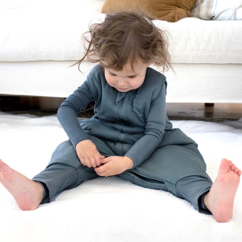 Hush 2.5 TOG footie sleep sack in blue-gray with full-length zipper and covered feet