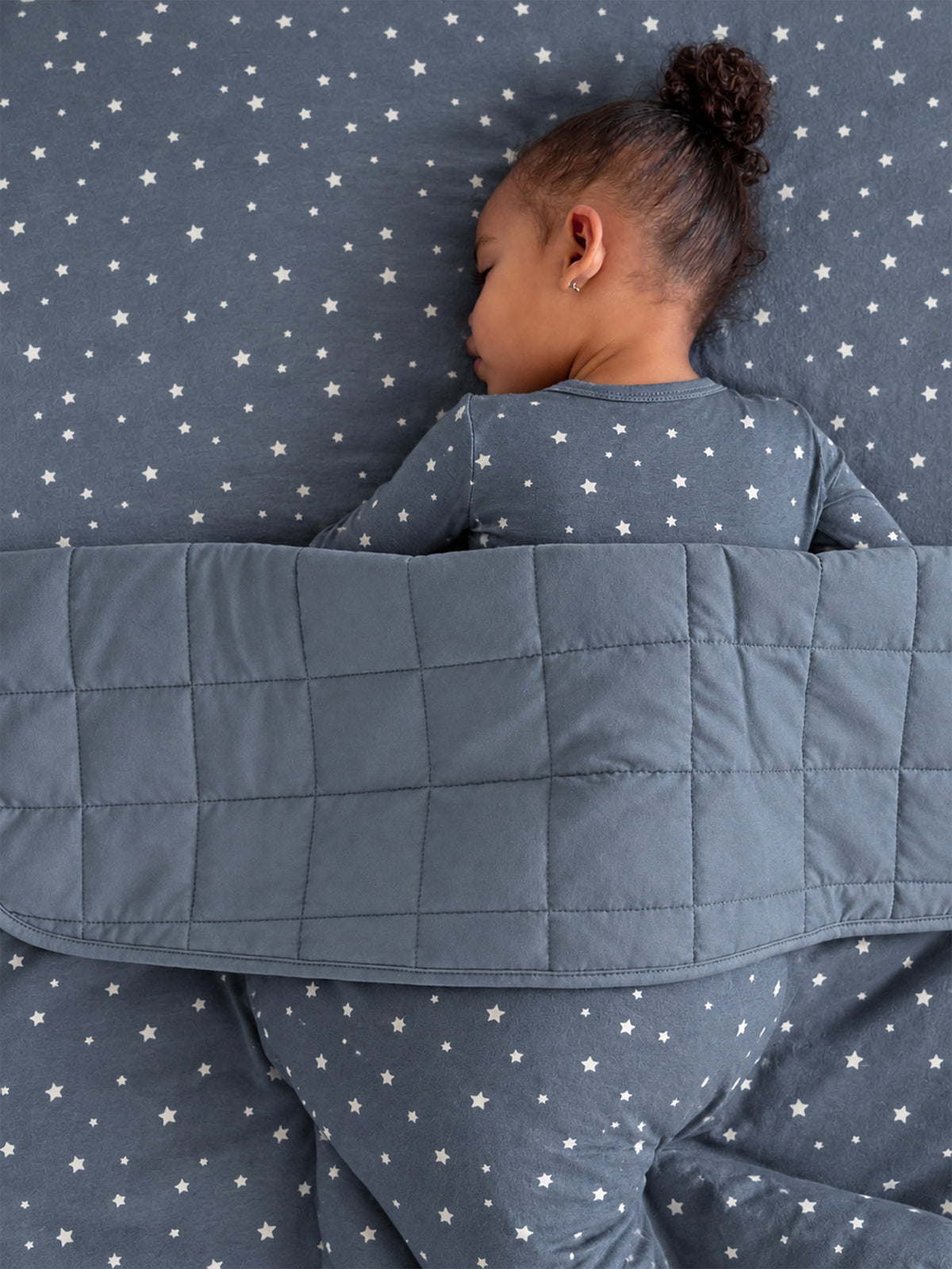 Quilted cloud blanket in blue with white stars, open wrap with top edge