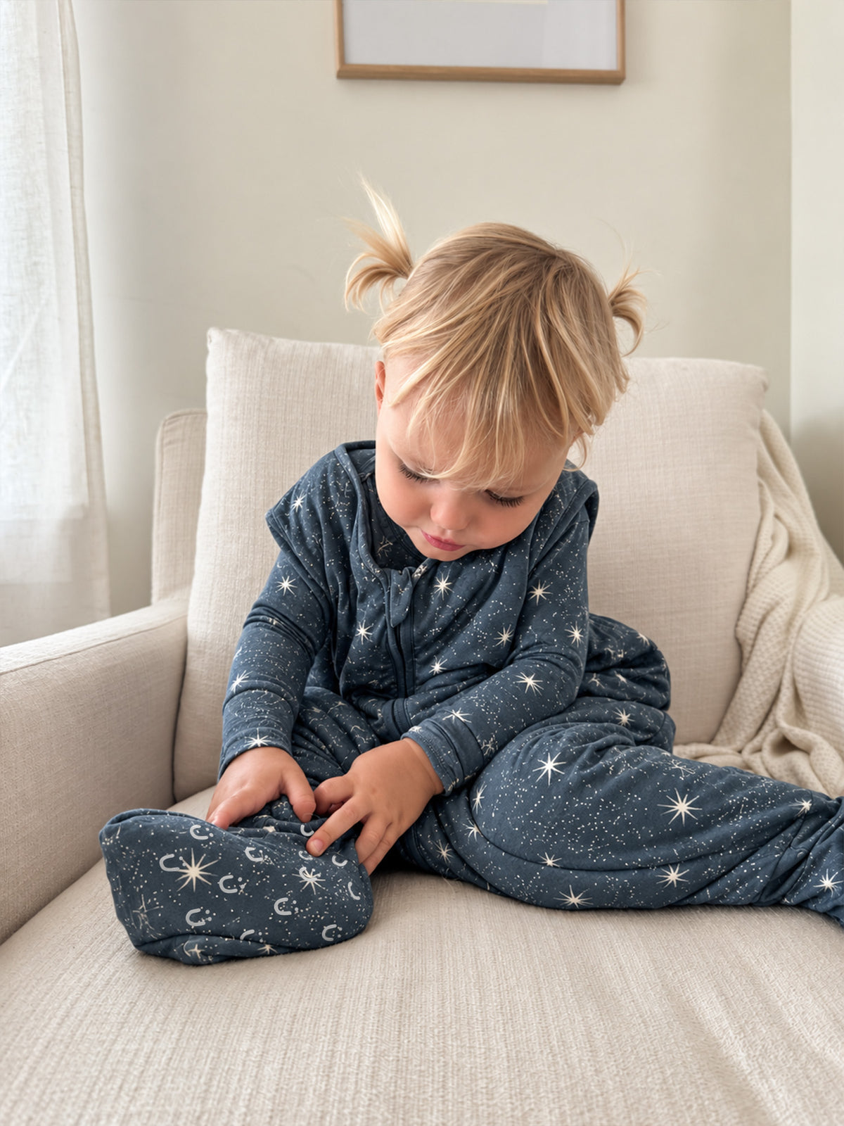 Dark blue star-pattern footie sleep sack with full zipper and long sleeves