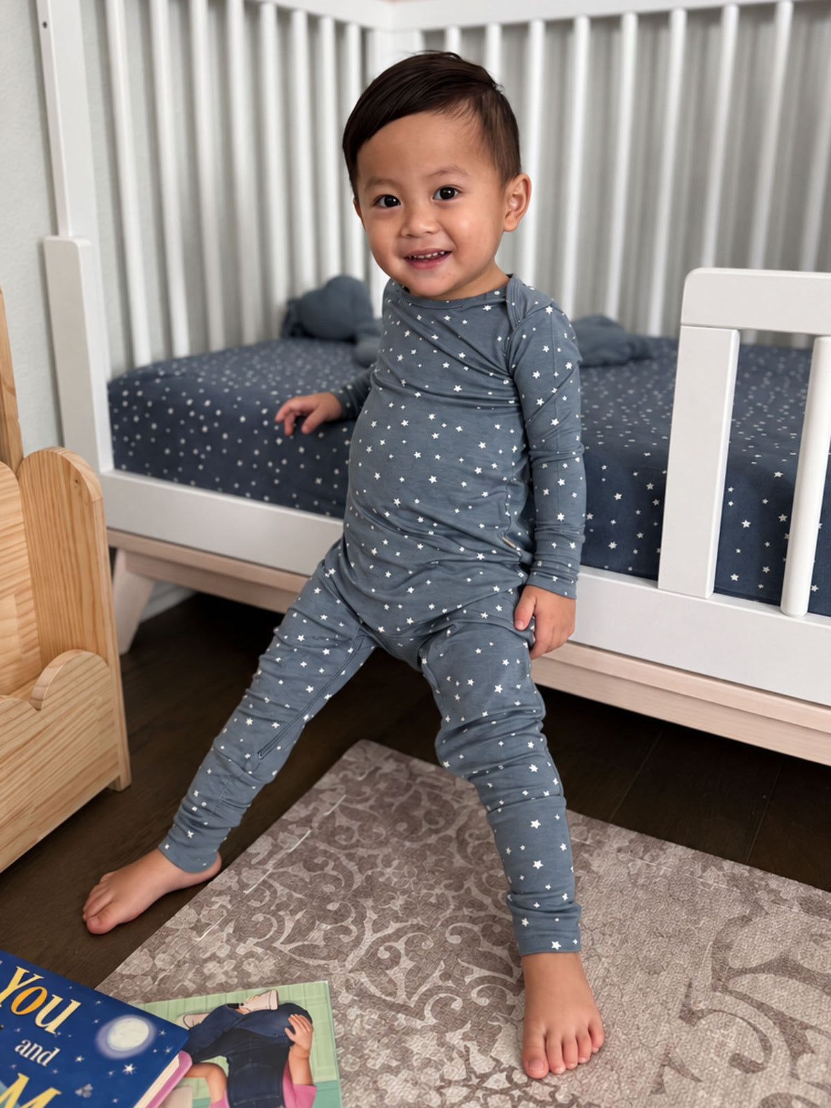 Navy star-print long-sleeve convertible pajama with full-length pants, toddler standing