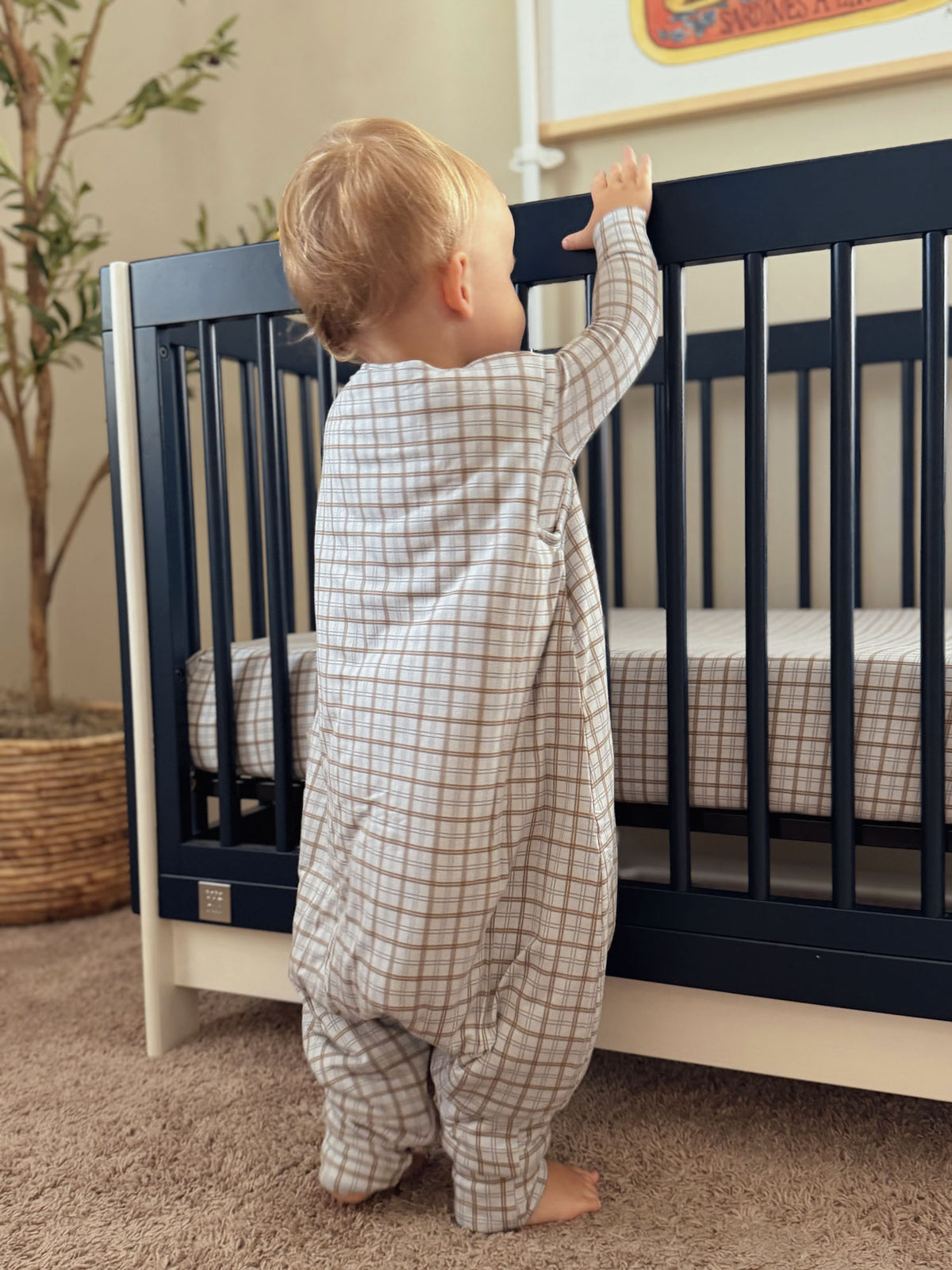 Plaid 1.0 TOG footie sleep sack, cream and brown grid, zipper front, full coverage
