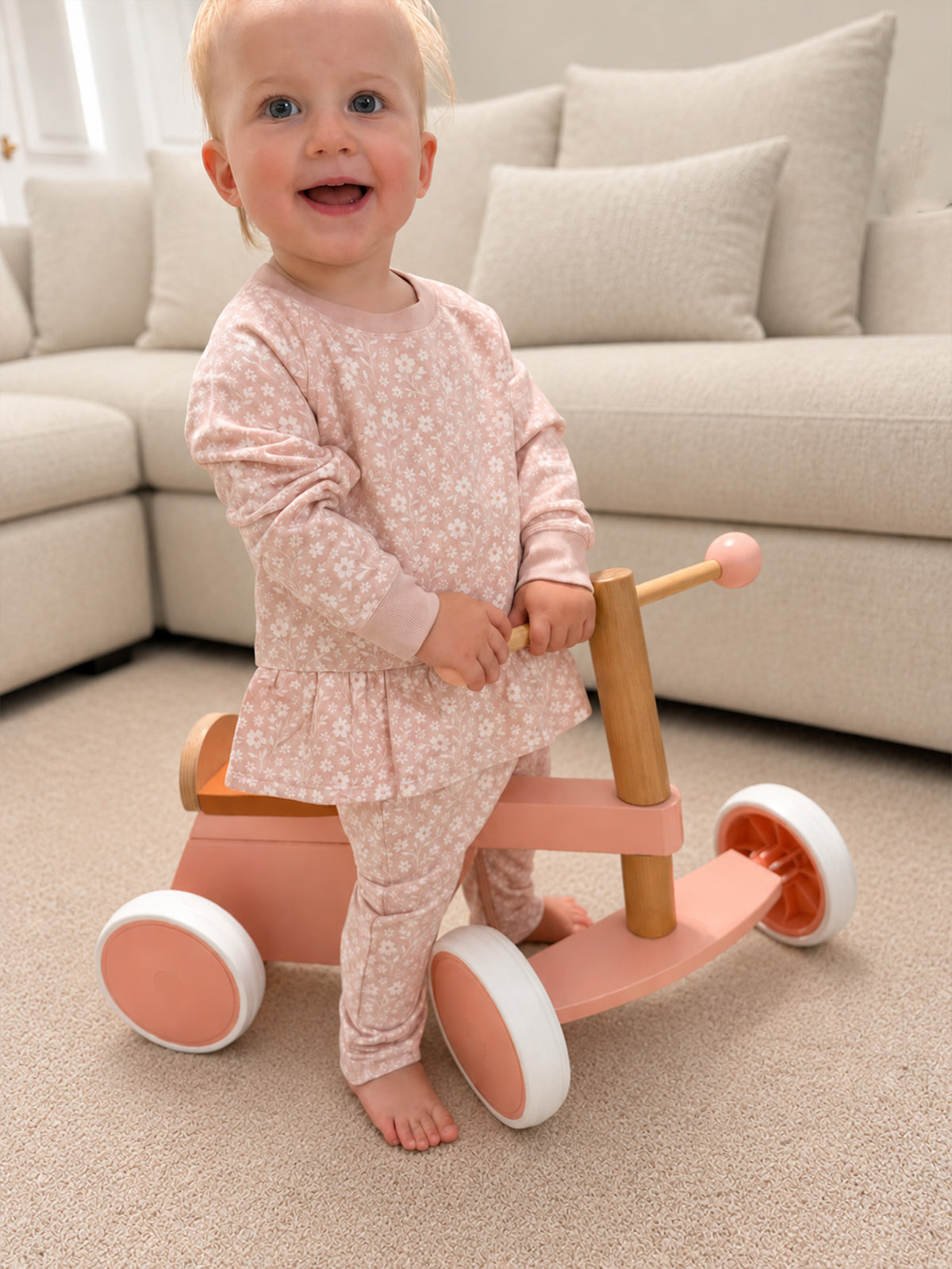 Light pink patterned fleece ruffle tunic with matching pants set