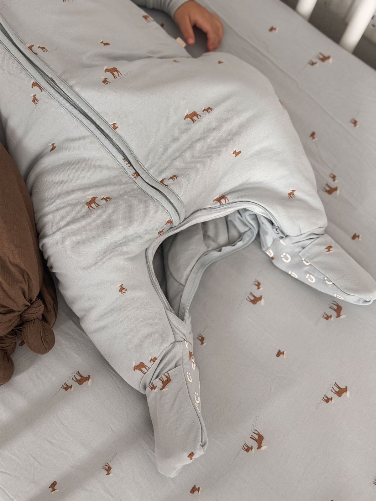 Moose-print footie sleep sack with front zipper and open foot cuffs