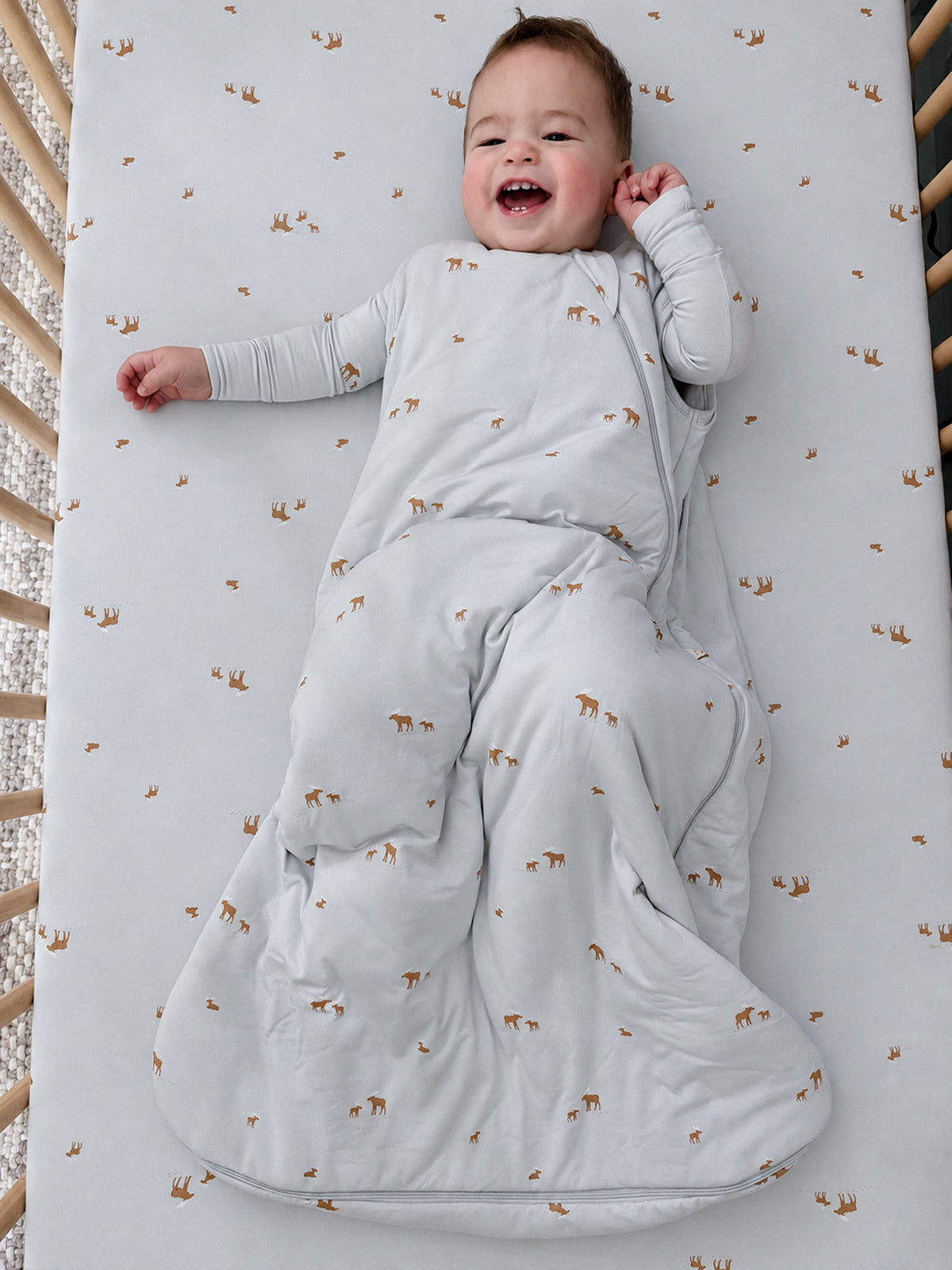 Light gray moose-print sleep sack, 2.5 TOG, long-sleeve, zip-front style