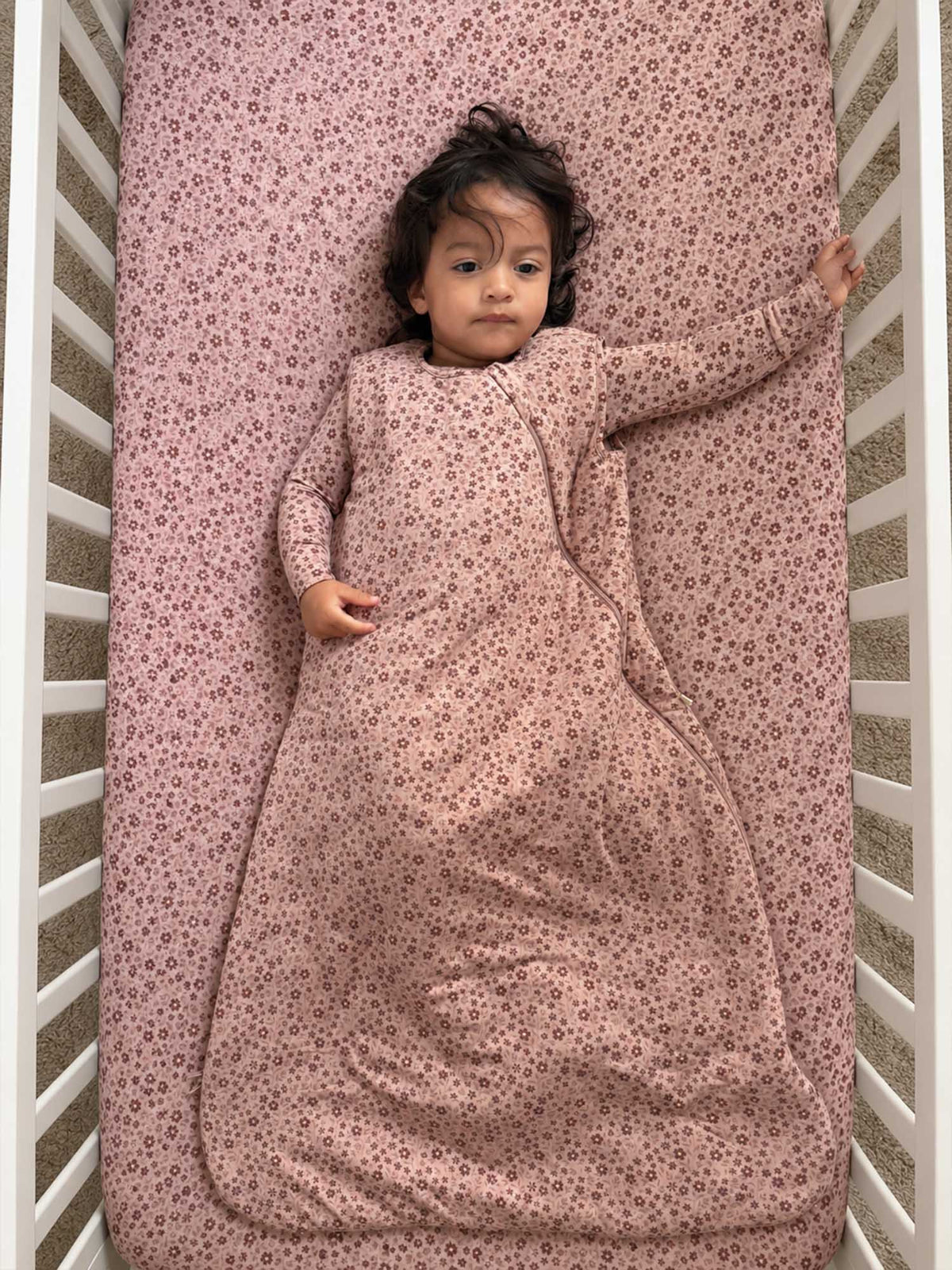 Baby sleep sack, rose floral print, zip-front, long sleeves, roomy gathered bottom