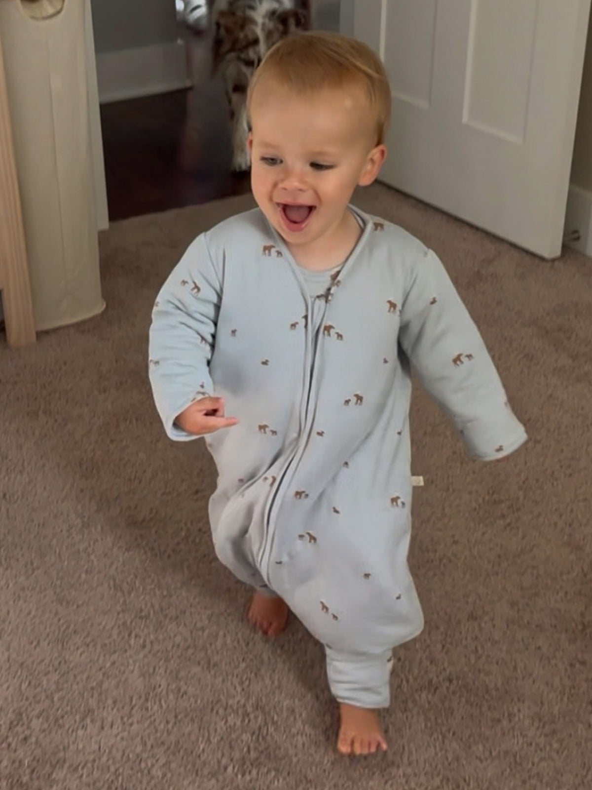 Light gray footed sleep sack with long sleeves and moose-print, full-length zipper